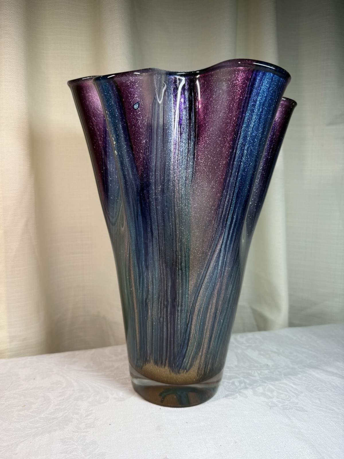 Italian Murano Art Glass Handkerchief Glitter Vase Purple Blue 13 In EUC