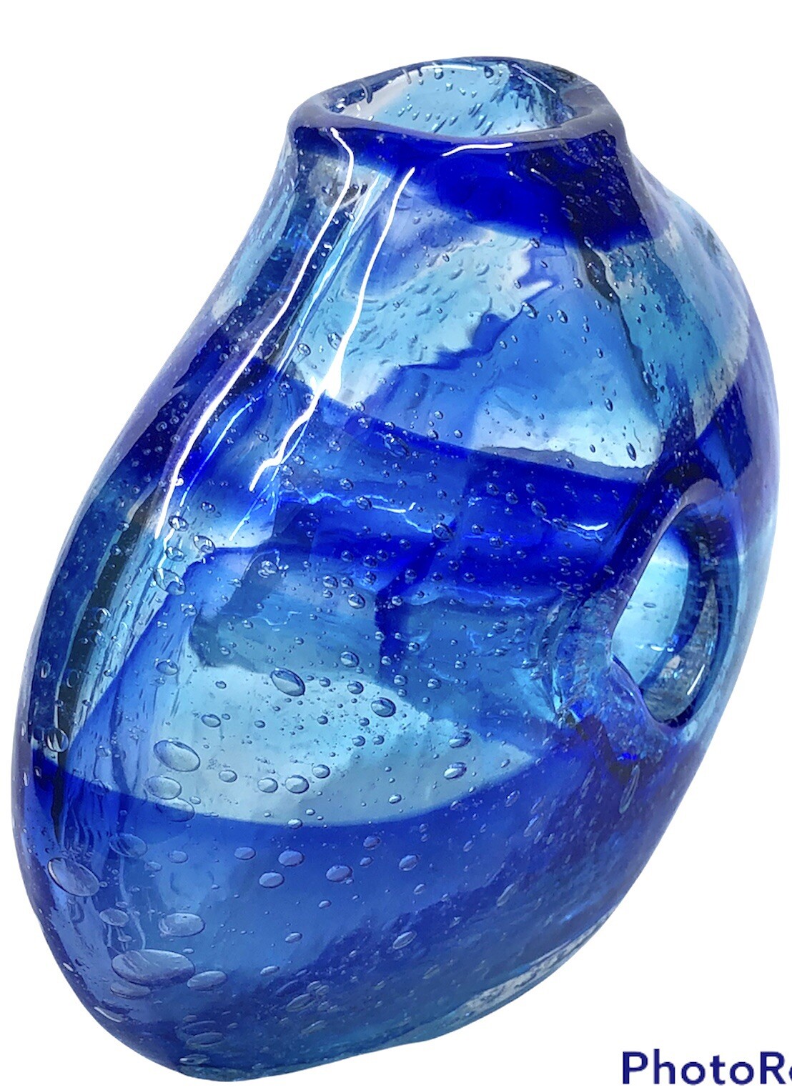 Cobalt Blue Swirl Art Glass Vase Hand Blown Center Opening 7” Wide x 5″ Tall