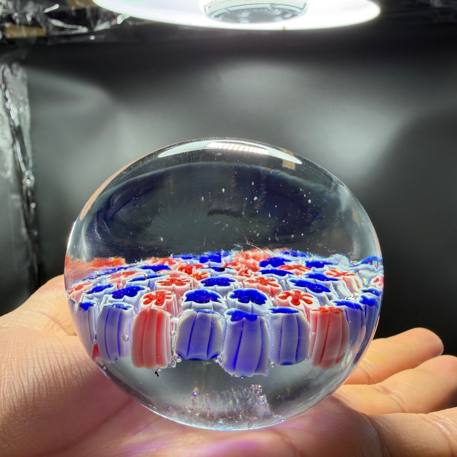Vintage Millefiori Art Glass Paperweight Red White Blue Floral Canes Venetian