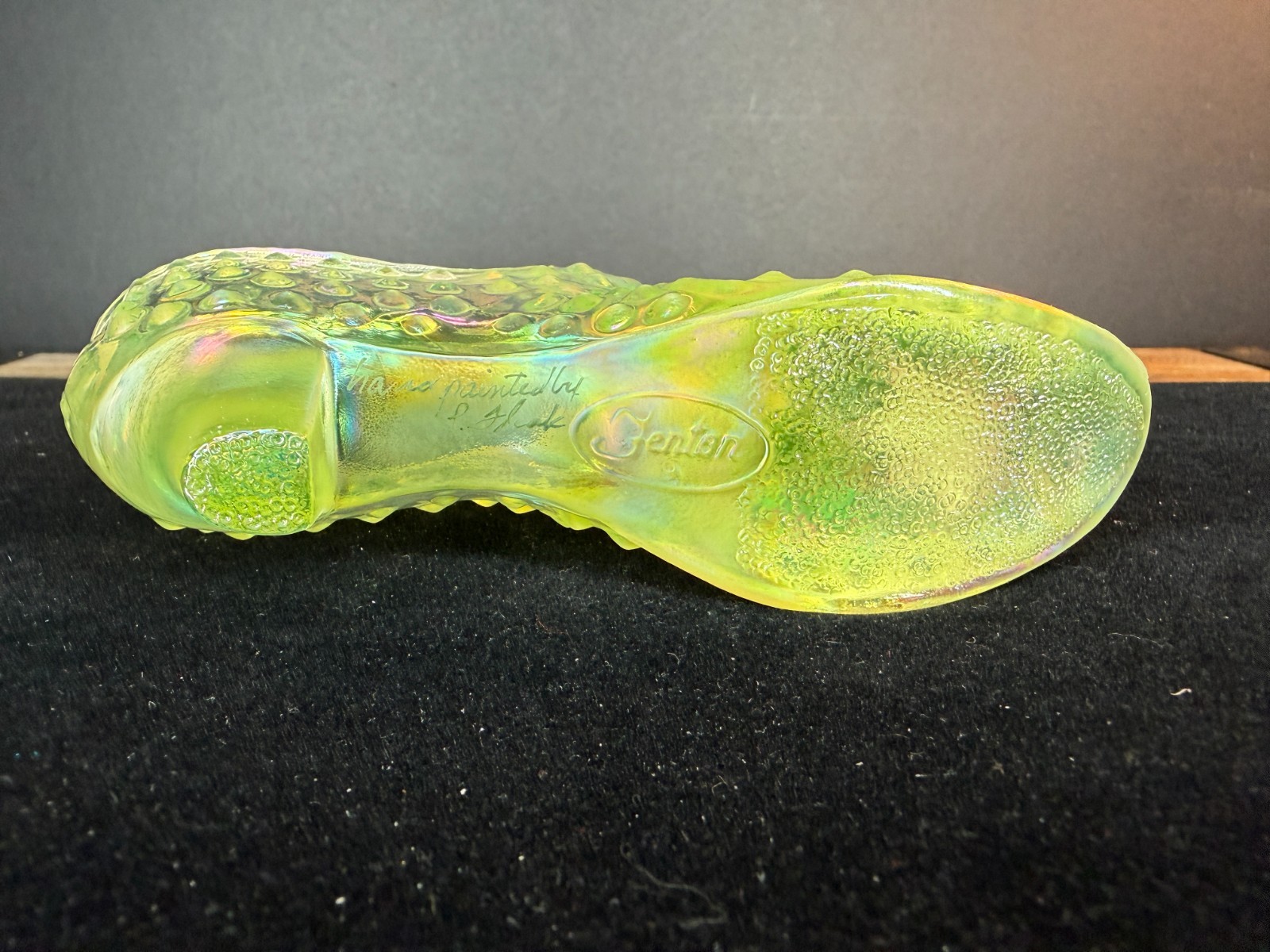Fenton Glass 1997 Topaz Opalescent Iridized Satin Glass Slipper