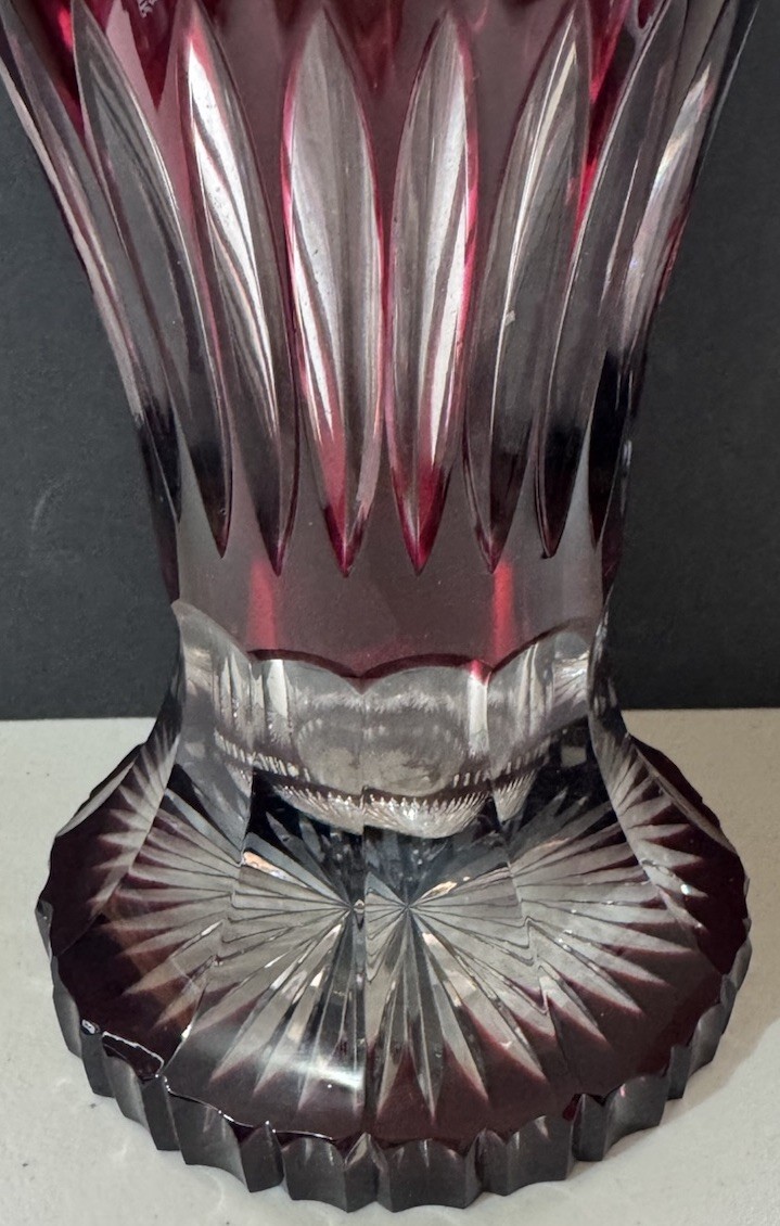 VINTAGE LAUSITZER GLAS RED CUT TO CLEAR BOHEMIAN 19 1/2″ VASE W TAG GERMANY 24%