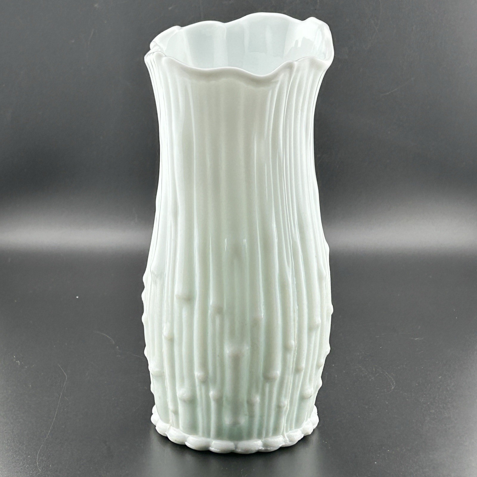 Italian Milk Glass Bamboo Vase Scalloped Rim 8″ Icy Blue Tint 60s VTG
