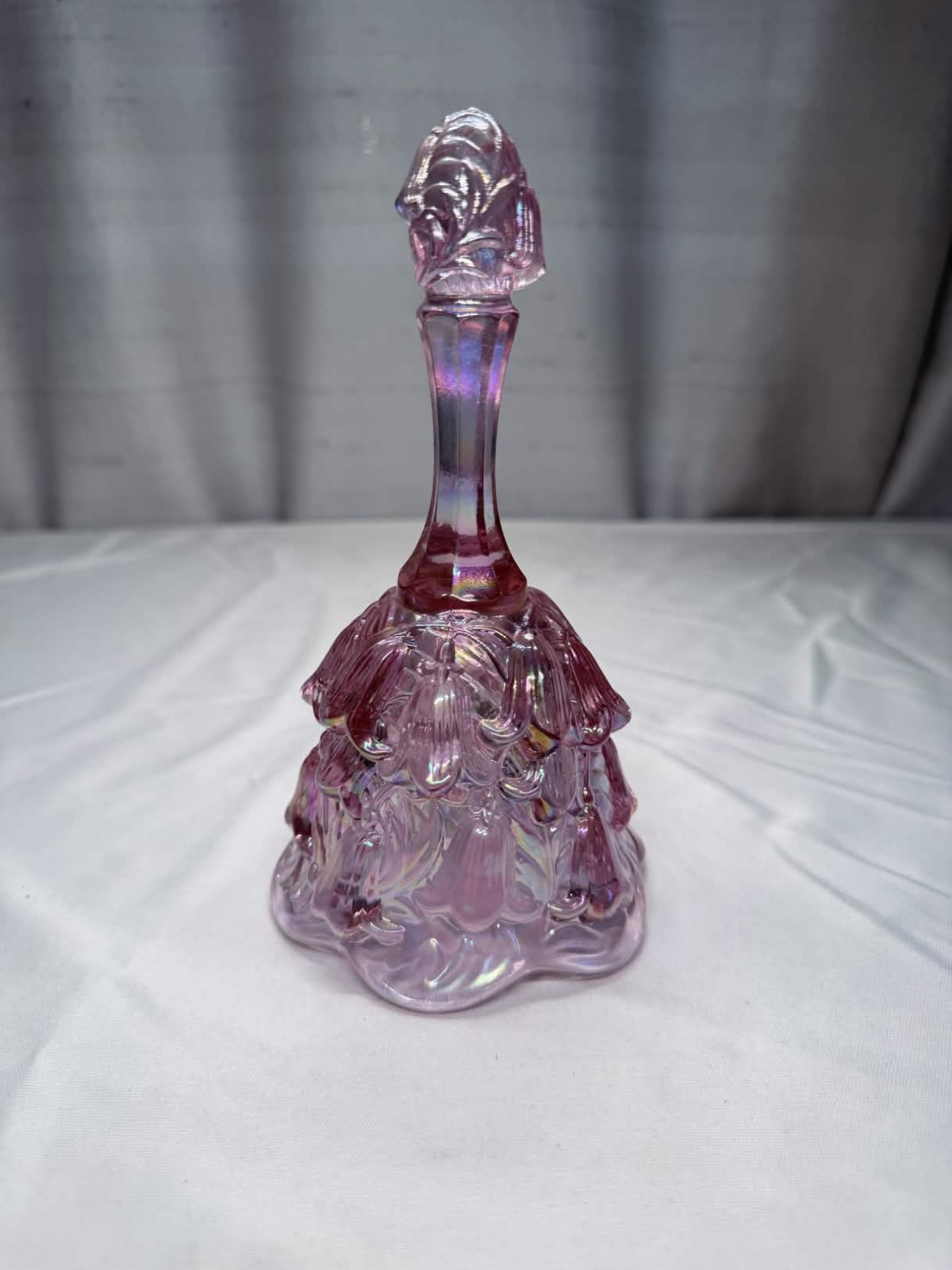 Handmade Fenton Pink Iridescent Carnival Glass Temple Bell / Lily of the Valley