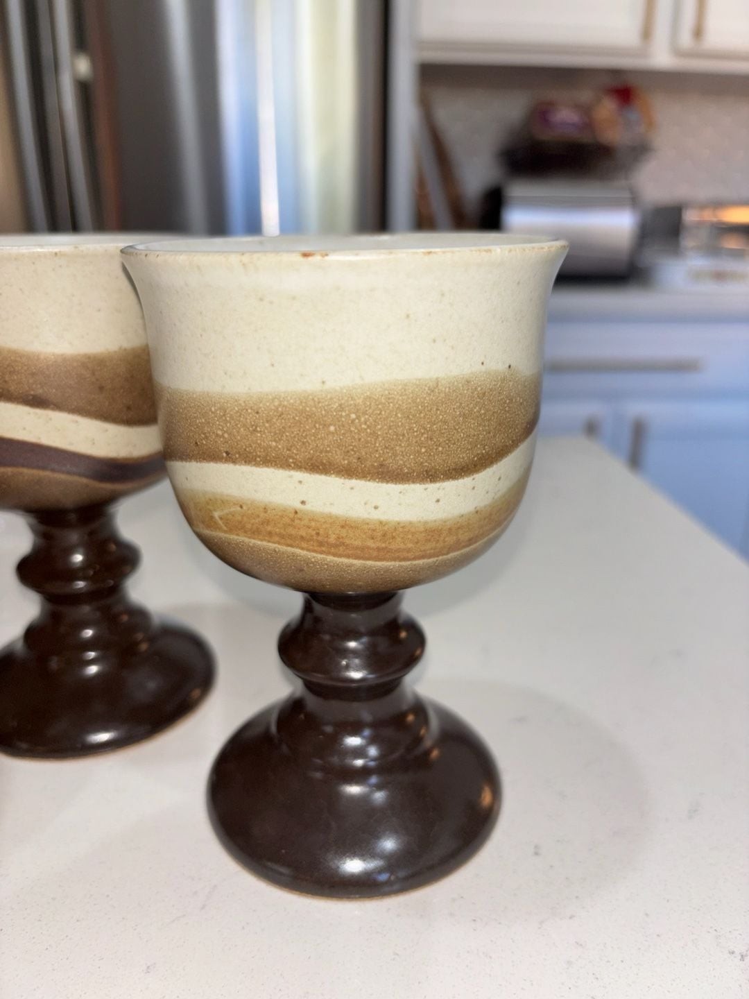 Vintage Otagiri Stoneware Goblets Brown and Cream Swirl 5.5” Set of 3
