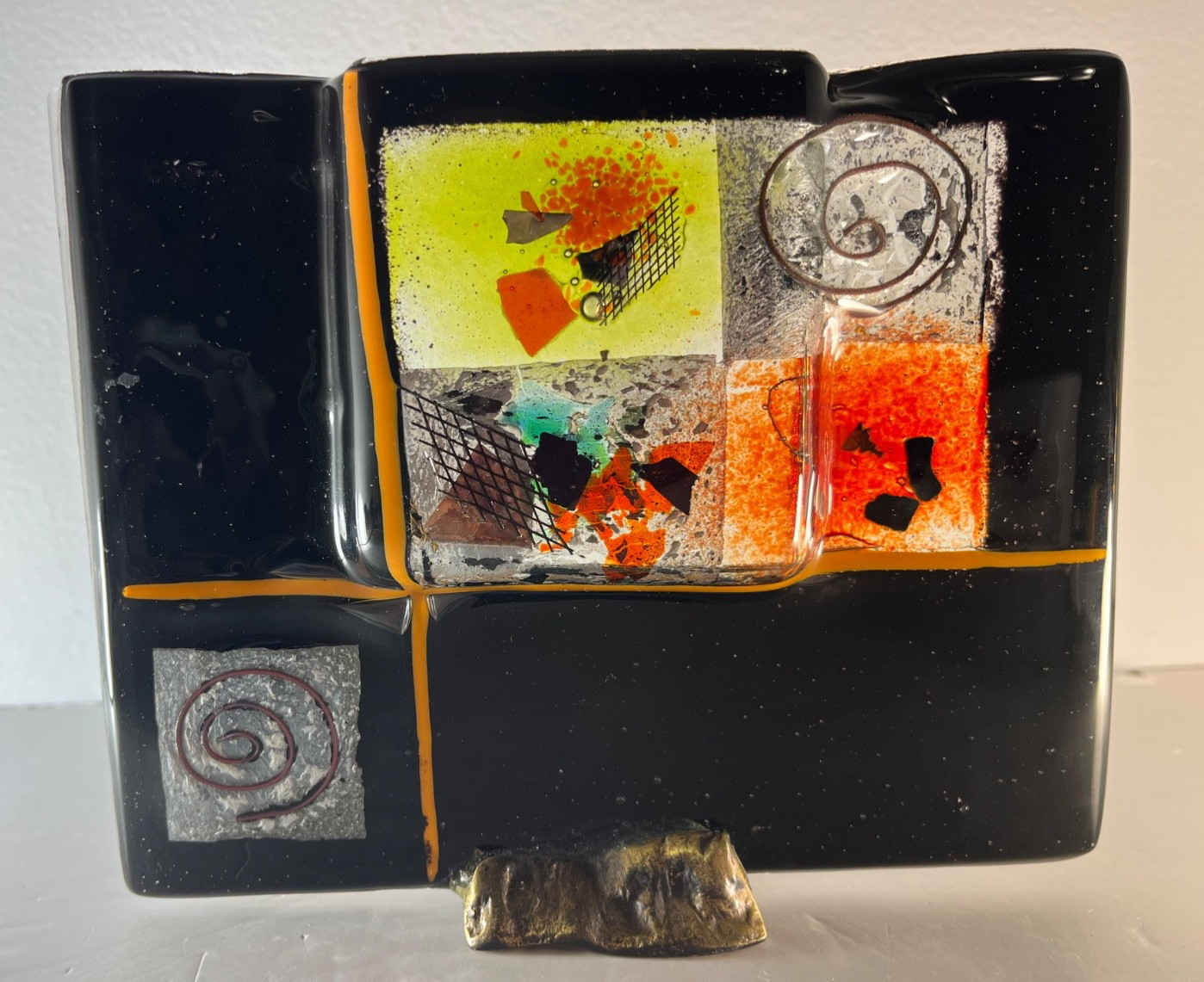 Fused Glass Abstract Rectangular Small Bud Vase or Candle Screen with Metal Base