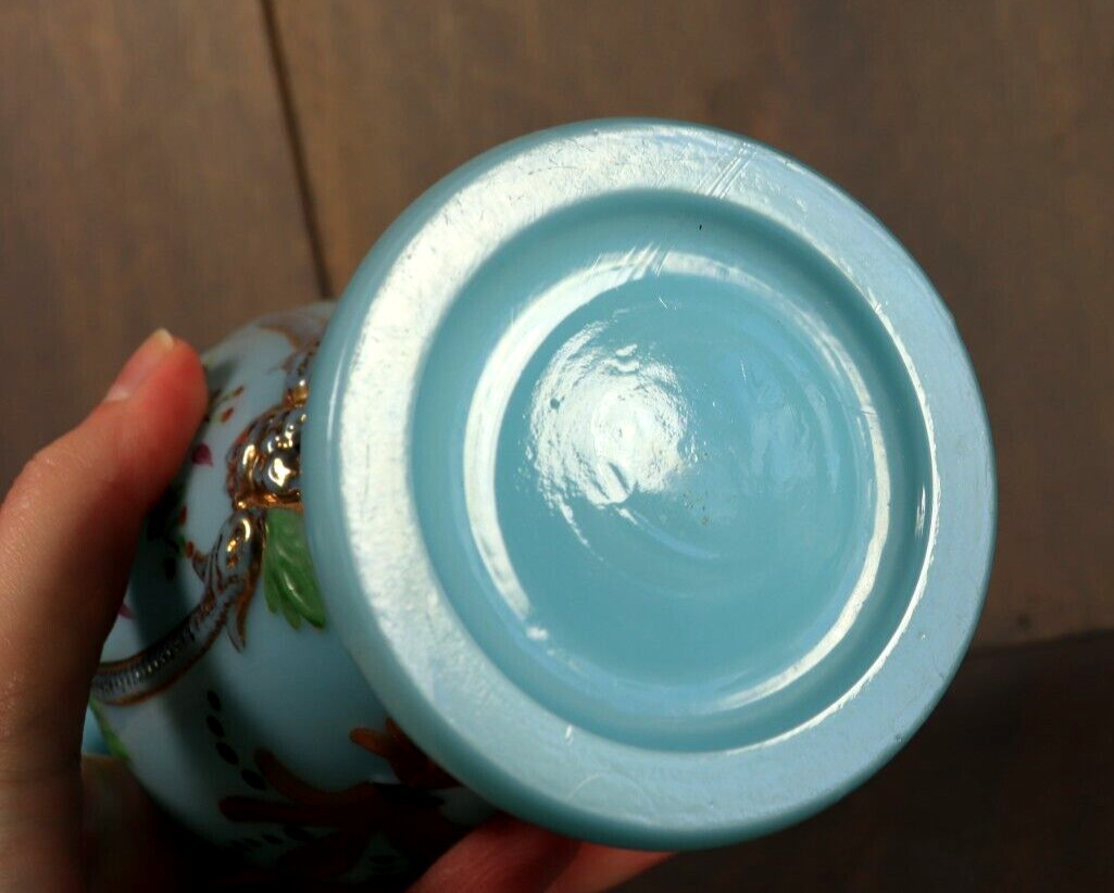 Antique French Blue Opaline Vase Glass Enameled Bird Victorian -Ships DDP to USA