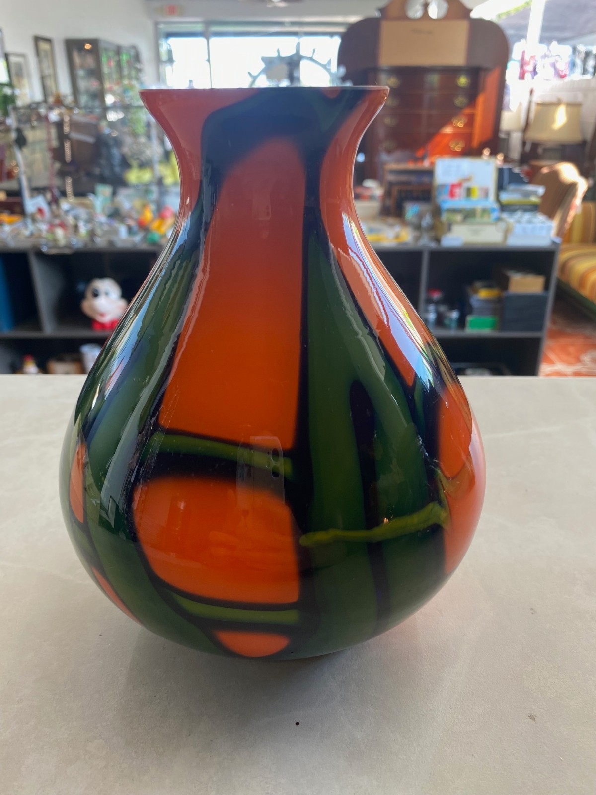 Vintage Czech Orange and Green Swirled Glass Vase Marked Czechoslovakia