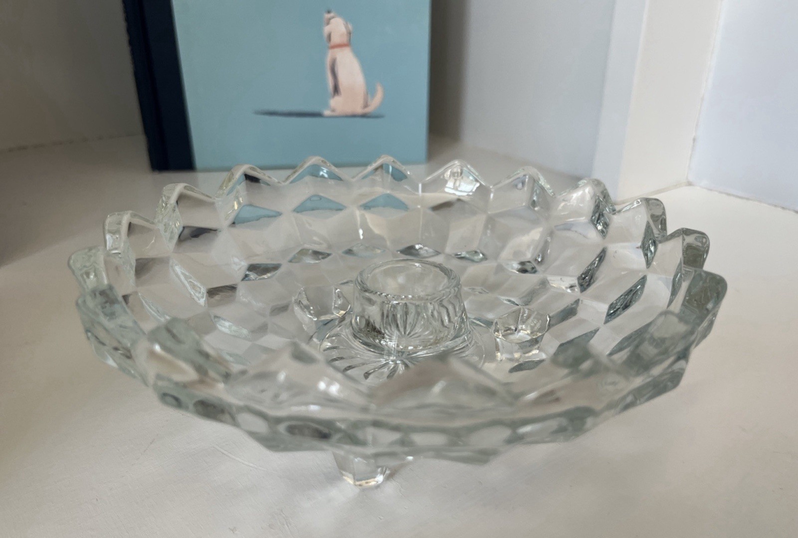Fostoria American Cubist Clear Glass Taper Candle Holder 3 Footed Vintage F11