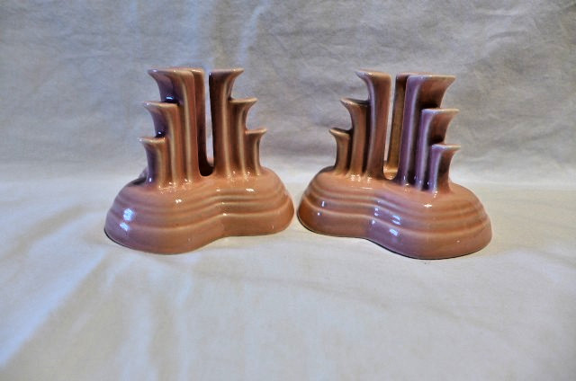 VTG Fiesta Art Deco Rose Pink Tripod Candle Holders Homer Laughlin USA Pair 2