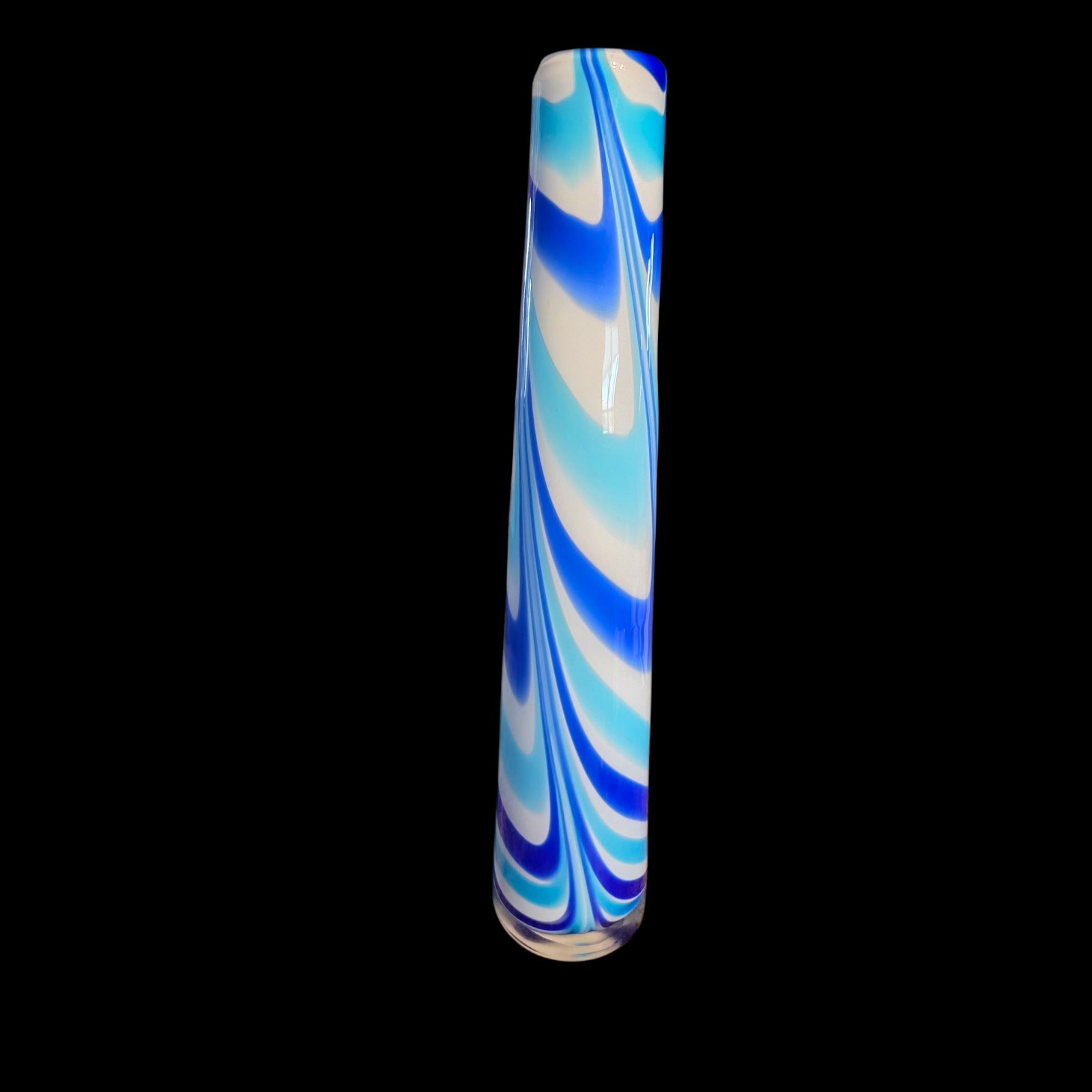 Hand Blown Art Glass Vase 15.75″ Cased Curved Cobalt Blue Tuquoise White Swirl