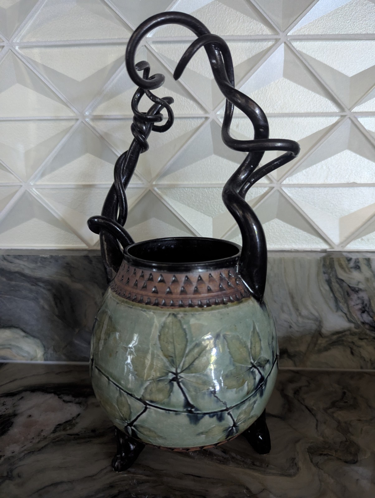 Suzanne Crane Studio Pottery Sculptural Vessel Celadon Leaf Ceramic Basket 10″