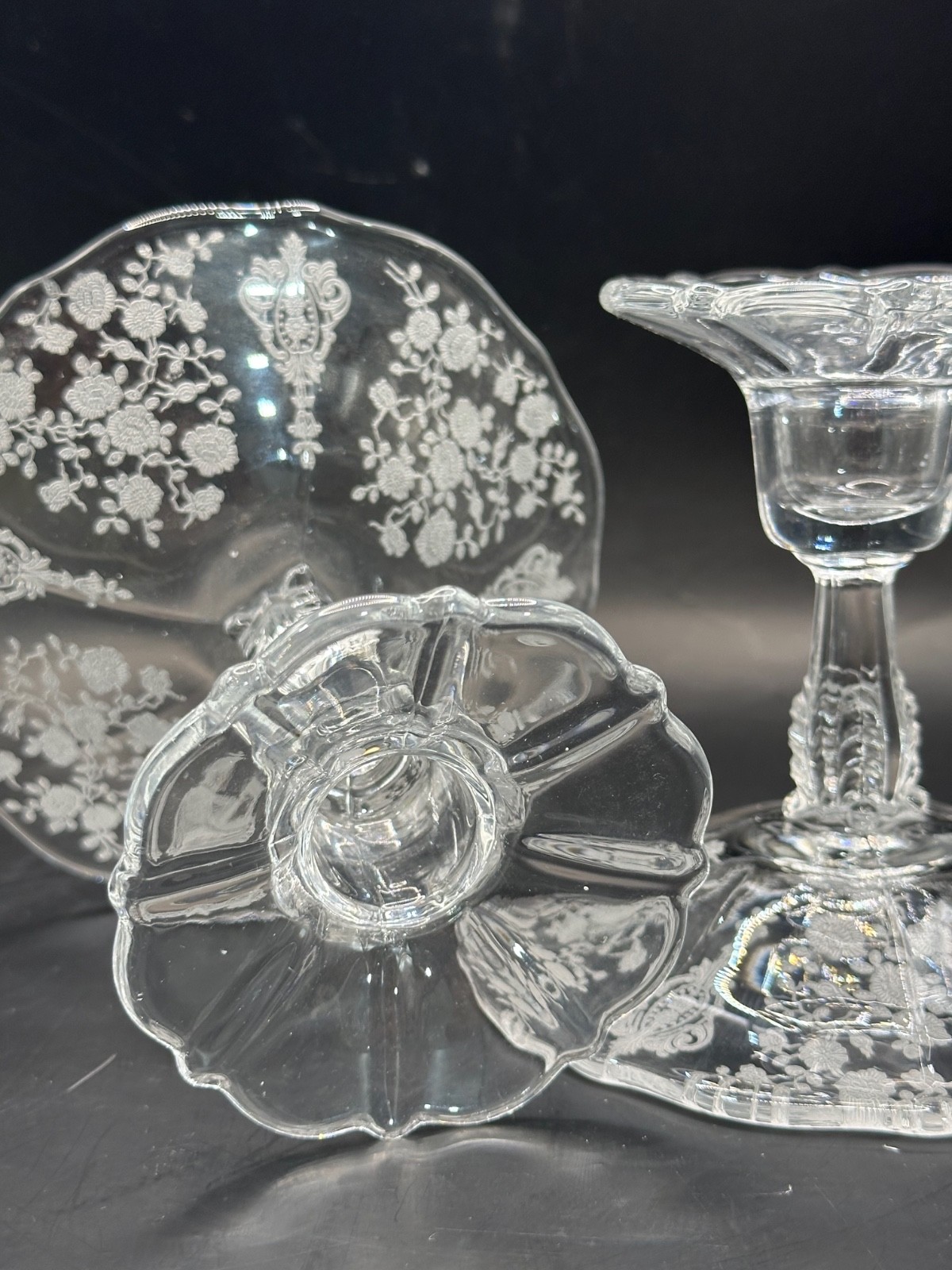 Pair Candle Holder Candlesticks by The Cambridge Glass Company Rose Point Etched