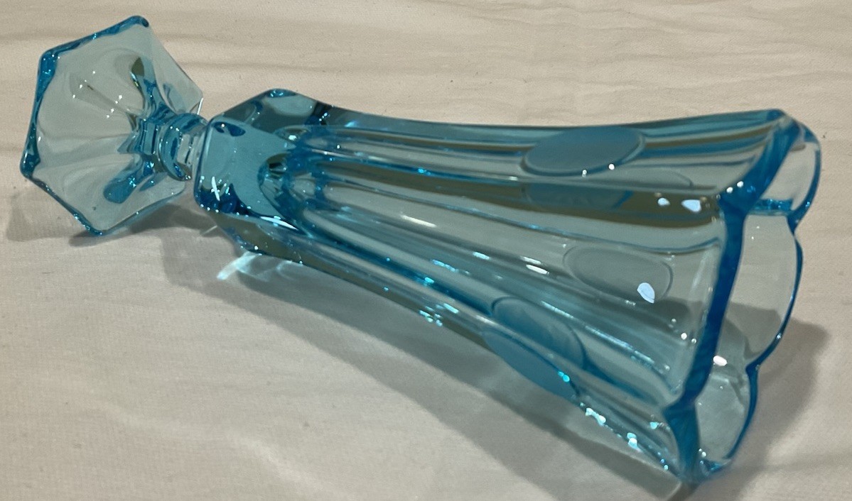 Vintage Fostoria 8” Blue Coin Glass Bud Vase, Excellent Condition!