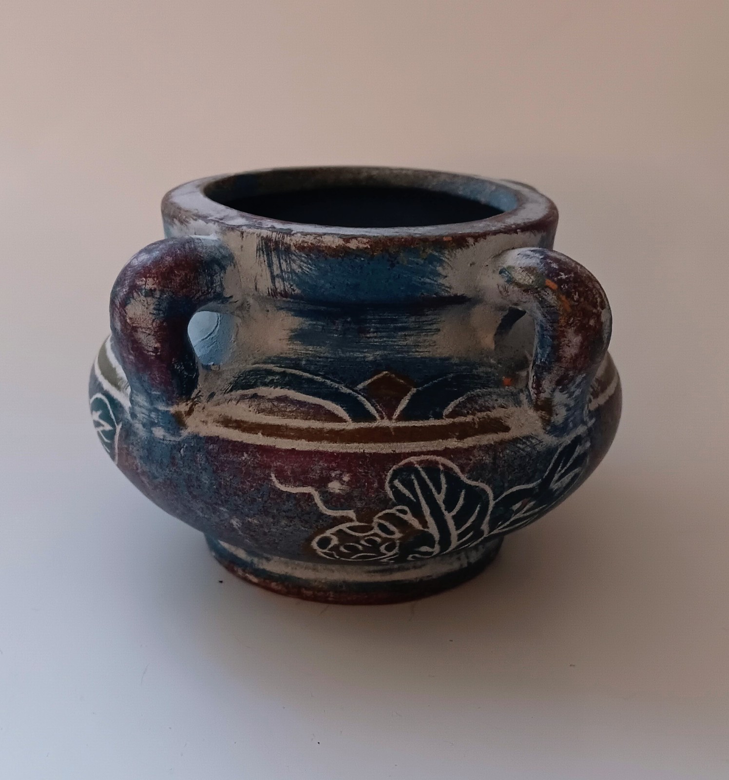 Handmade Small Ceramic Vase Distressed Blue & Purple Etched Floral Design…