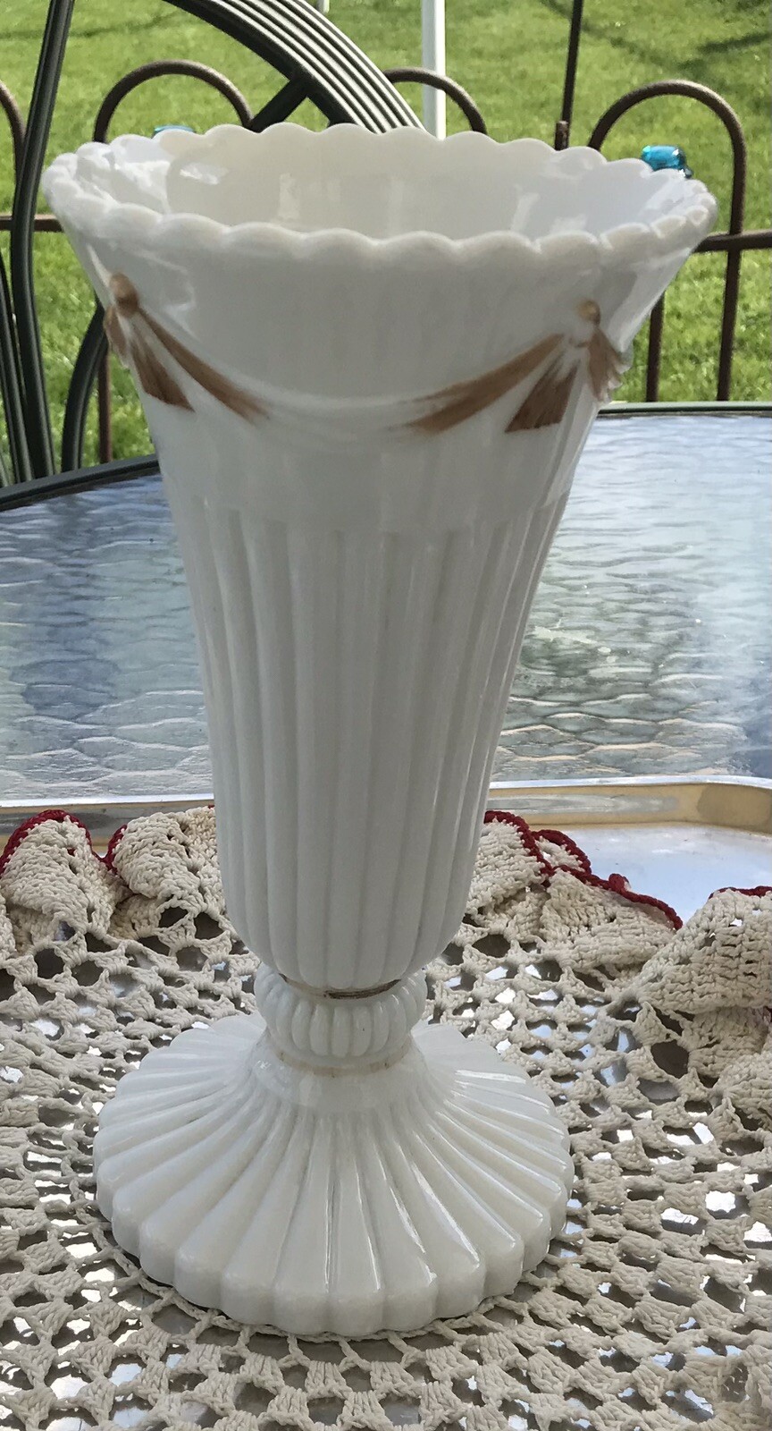 Vintage Westmoreland Milk Glass Drape & Tassel Fluted Vase Gold White 9 1/4 inch