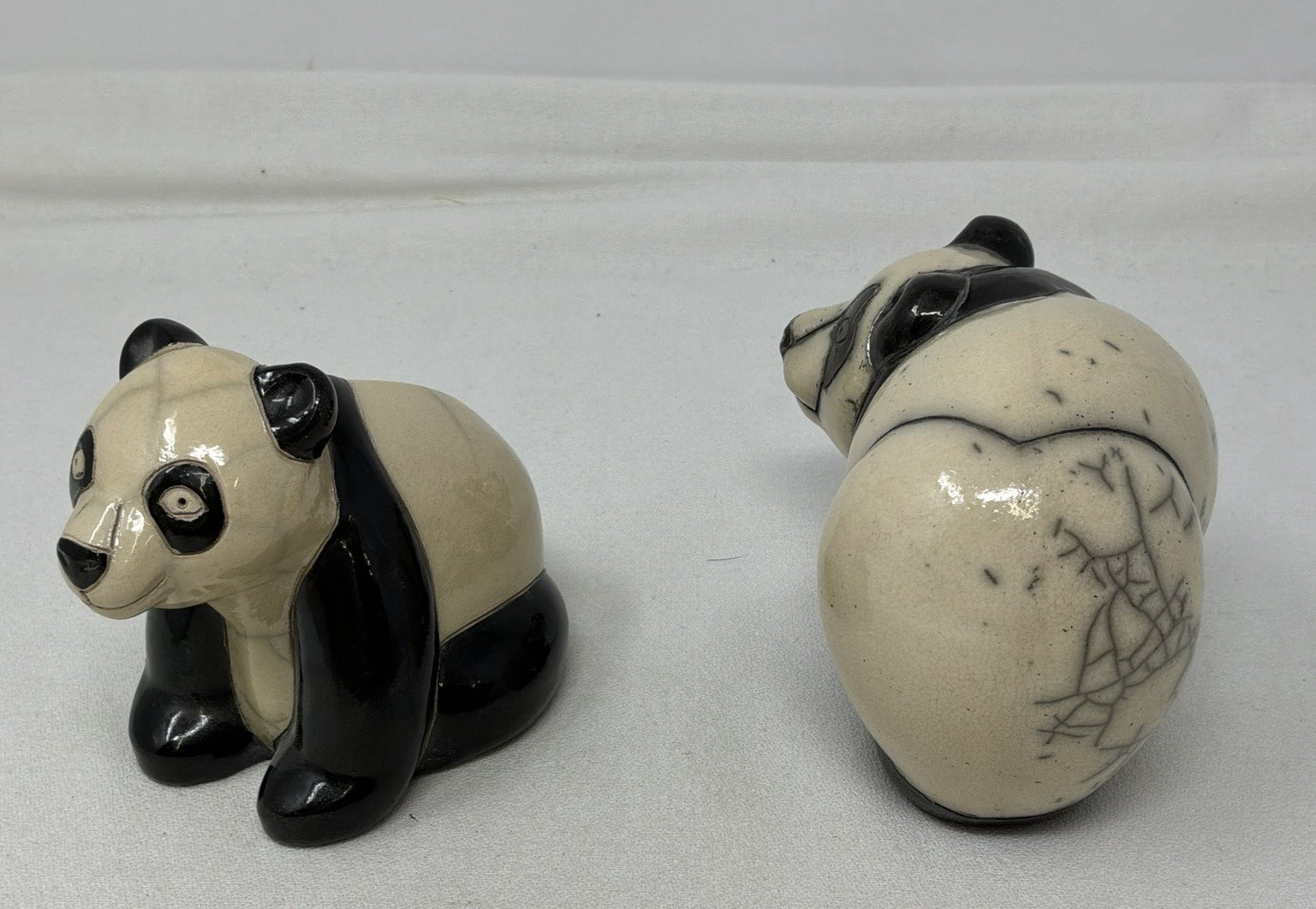 Raku Pottery PANDA BEARS Lot of 2 Handcrafted Black& White, South Africa 4″ H