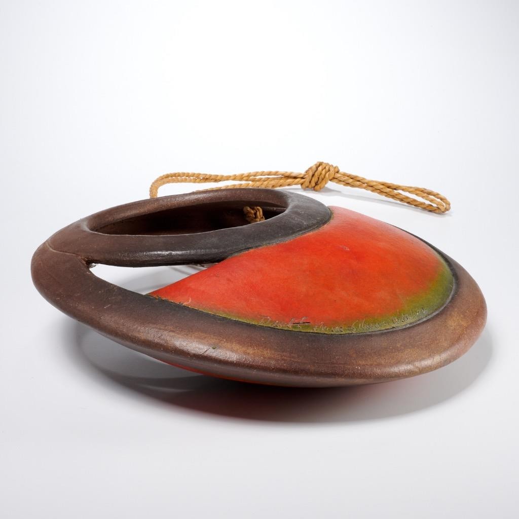 Studio Pottery Stoneware Wall Pocket Orange Green Glaze Artist Signed 14″ dia.