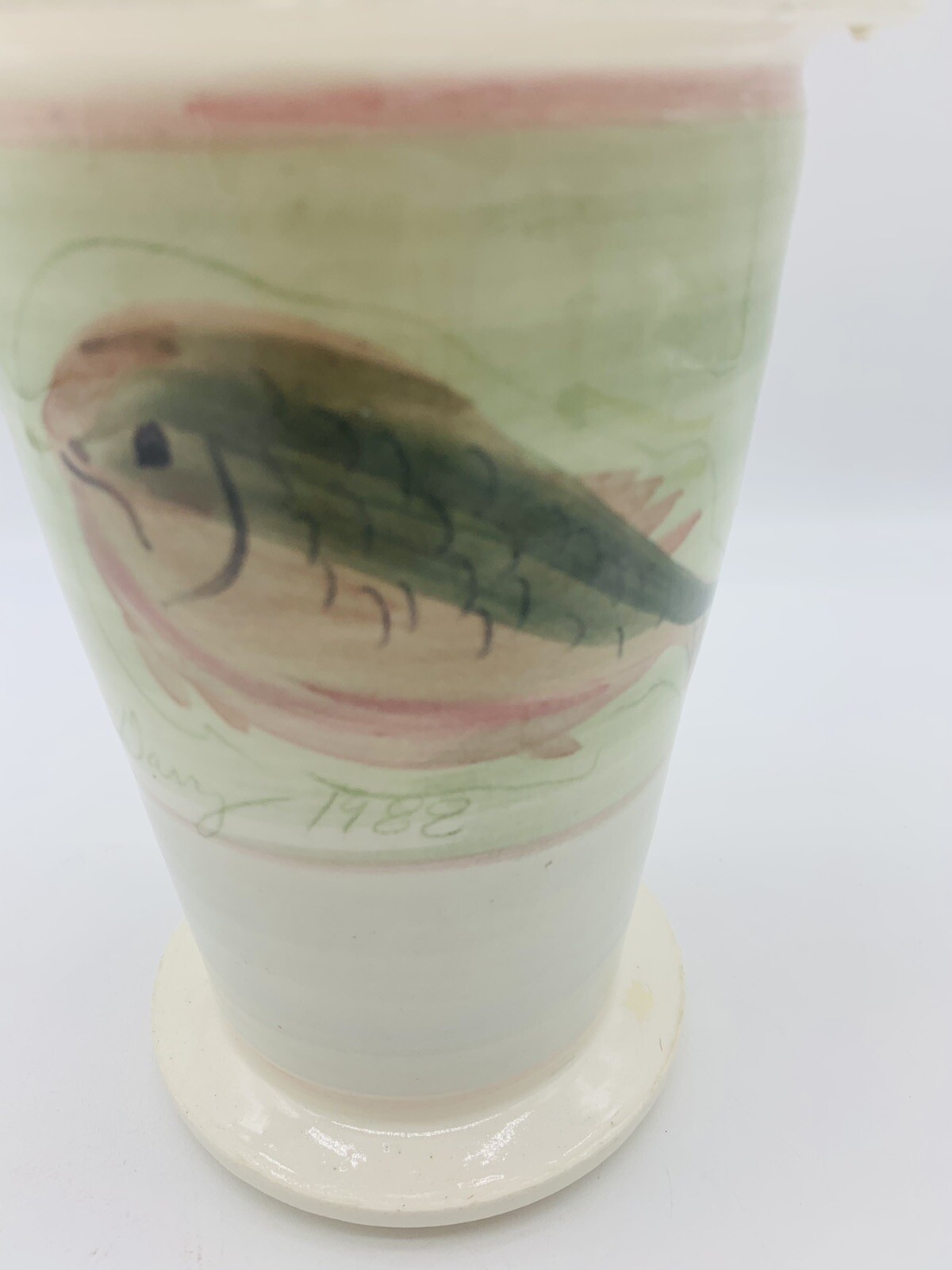 Vintage Studio Art Pottery Vase Hand Painted Fish Pattern Signed S. Darry 7in