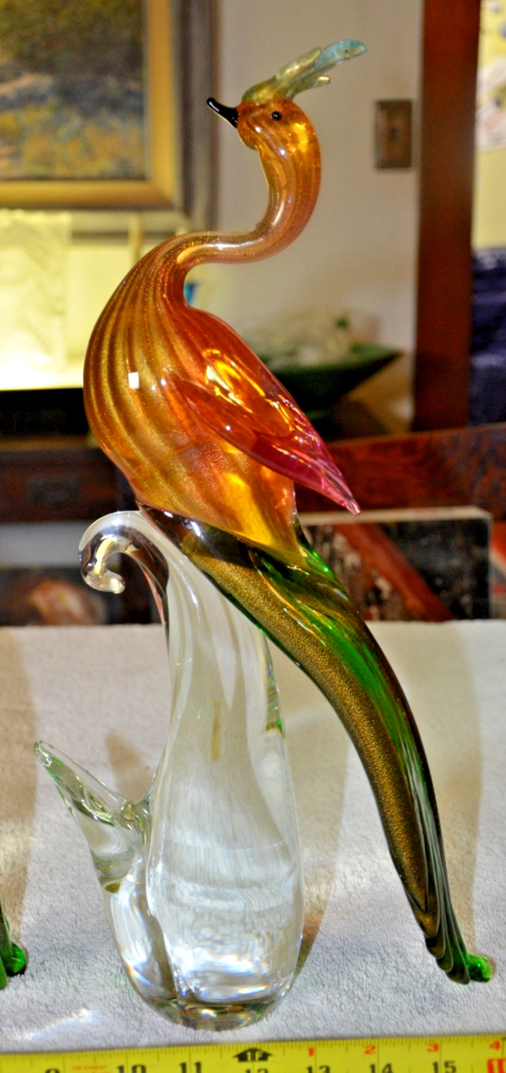 c1950s Pair 17” MURANO Birds Of Paradise/Peacocks Green Red & Aventurine Gold