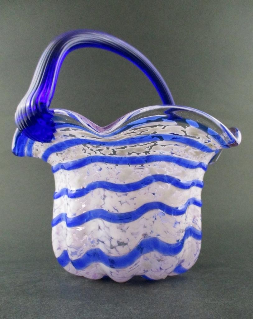Easter BASKET – Wavy COBALT blue SPIRAL White Opalescent SPATTER Art glass