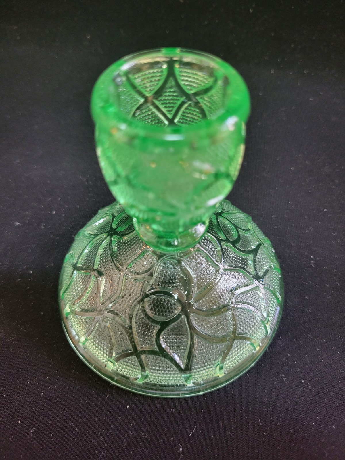 2 Uranium Glass Green Depression 3.5” Candle Sticks With Raised Patterns MINT