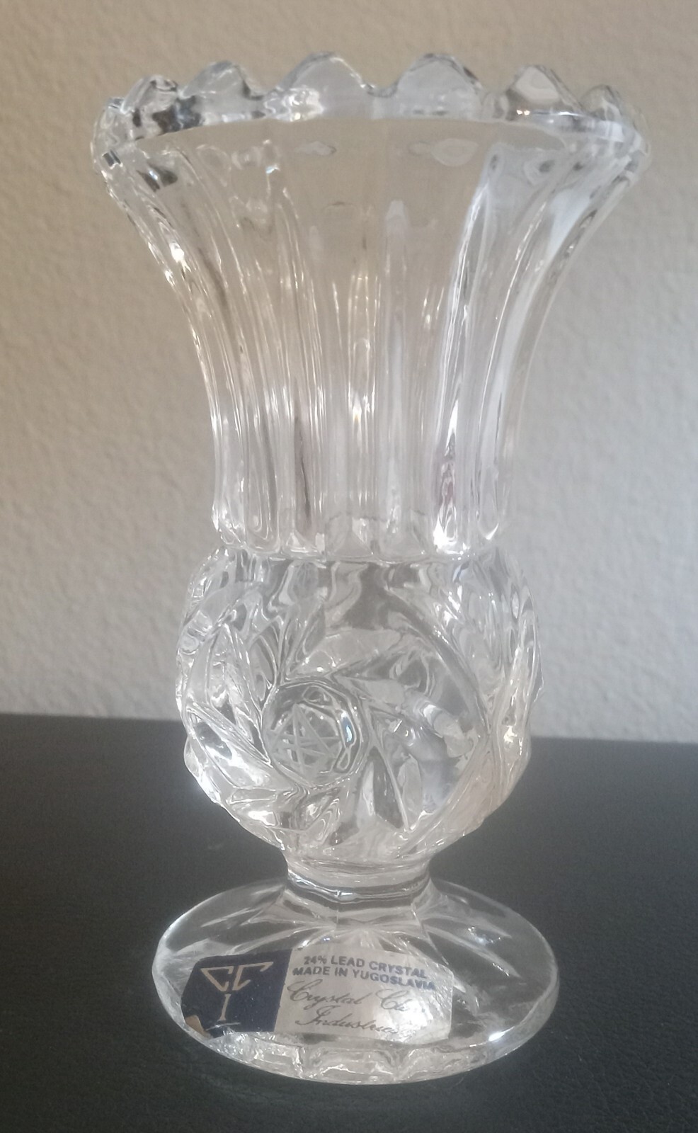 Vintage Crystal Clear Industries, 24% Lead Crystal Vase, Scottish Thistle 4 1/4″