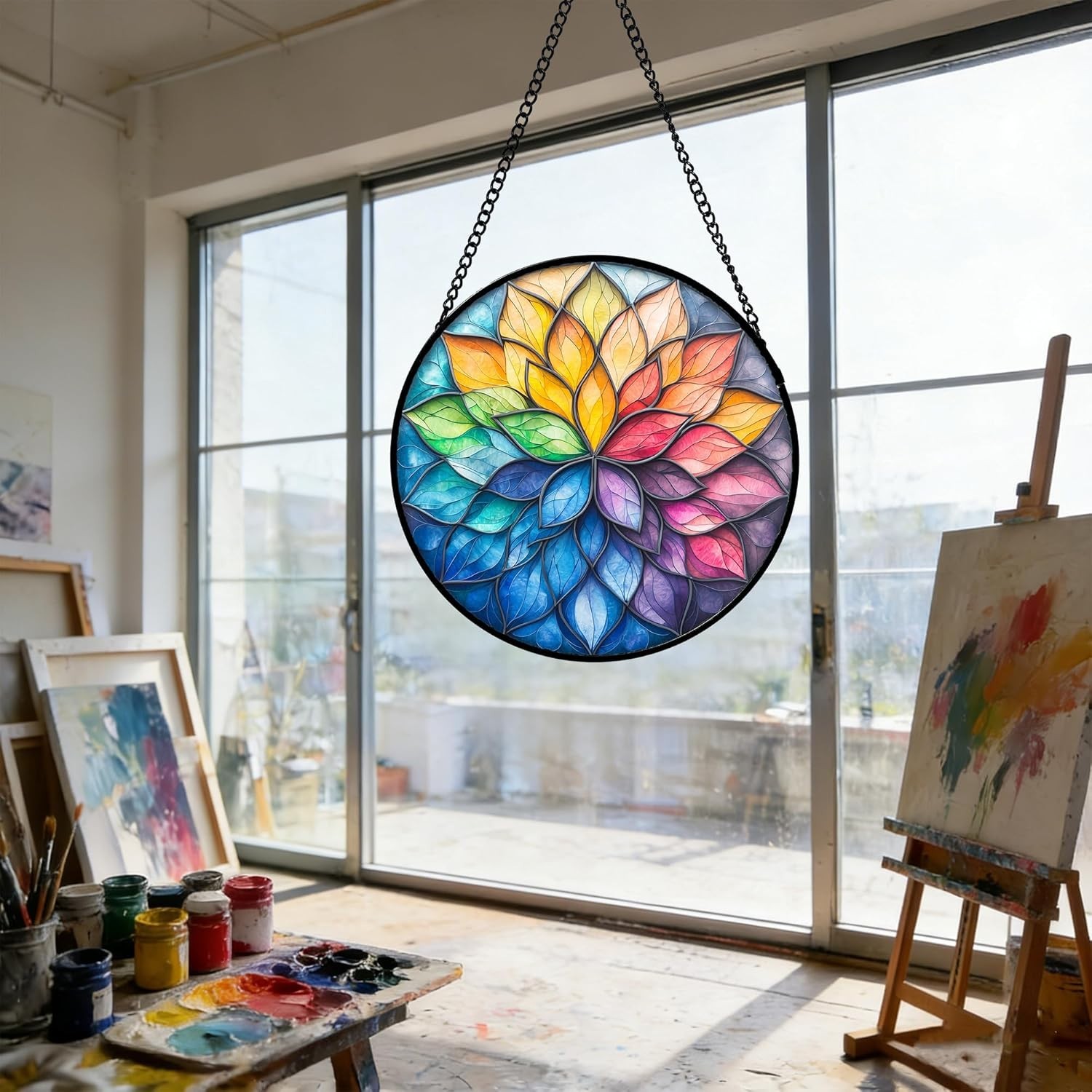 Stained Glass Window Hanging, Colorful Flower Petals s Diamond Glass Panel Ha…