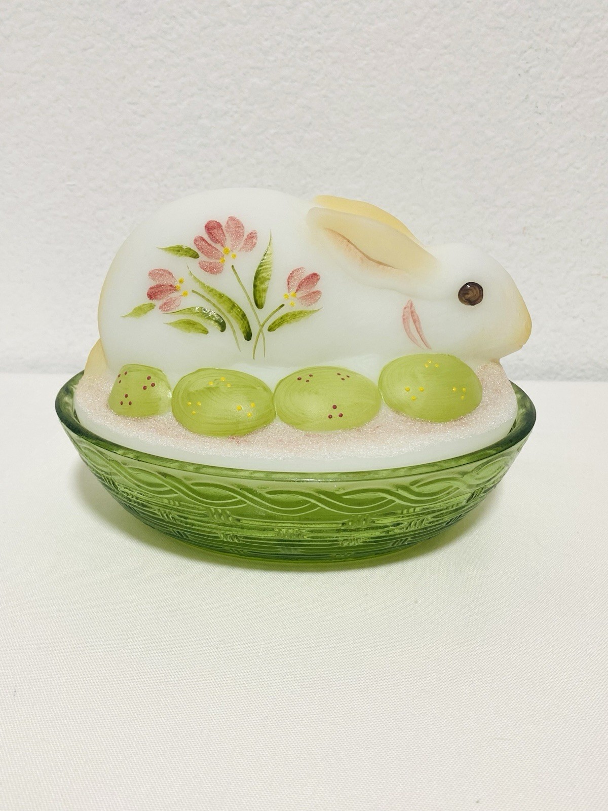 Fenton Bunny on Nest Candy Dish Pink Flowers & Eggs Hand Painted & Signed Large