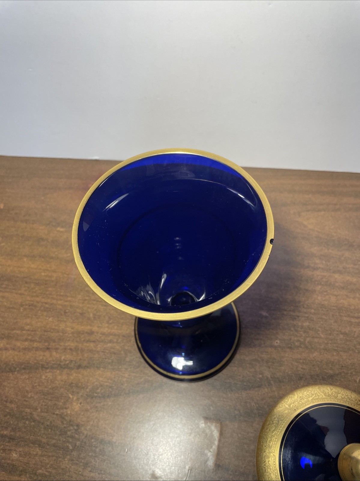 Vintage Cobalt Blue Glass Decorative Jar With Lid Gold Trim Marked Germany