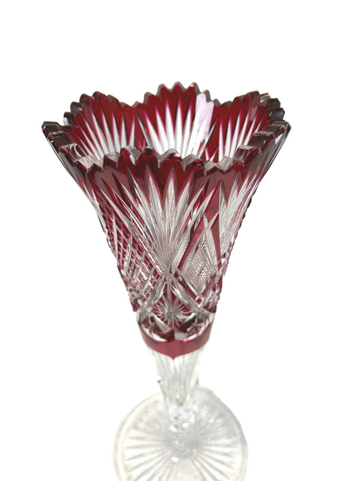 1900s Libbey Brilliant Period Cranberry Cut to Clear Harvard Pattern 14″ Trumpet