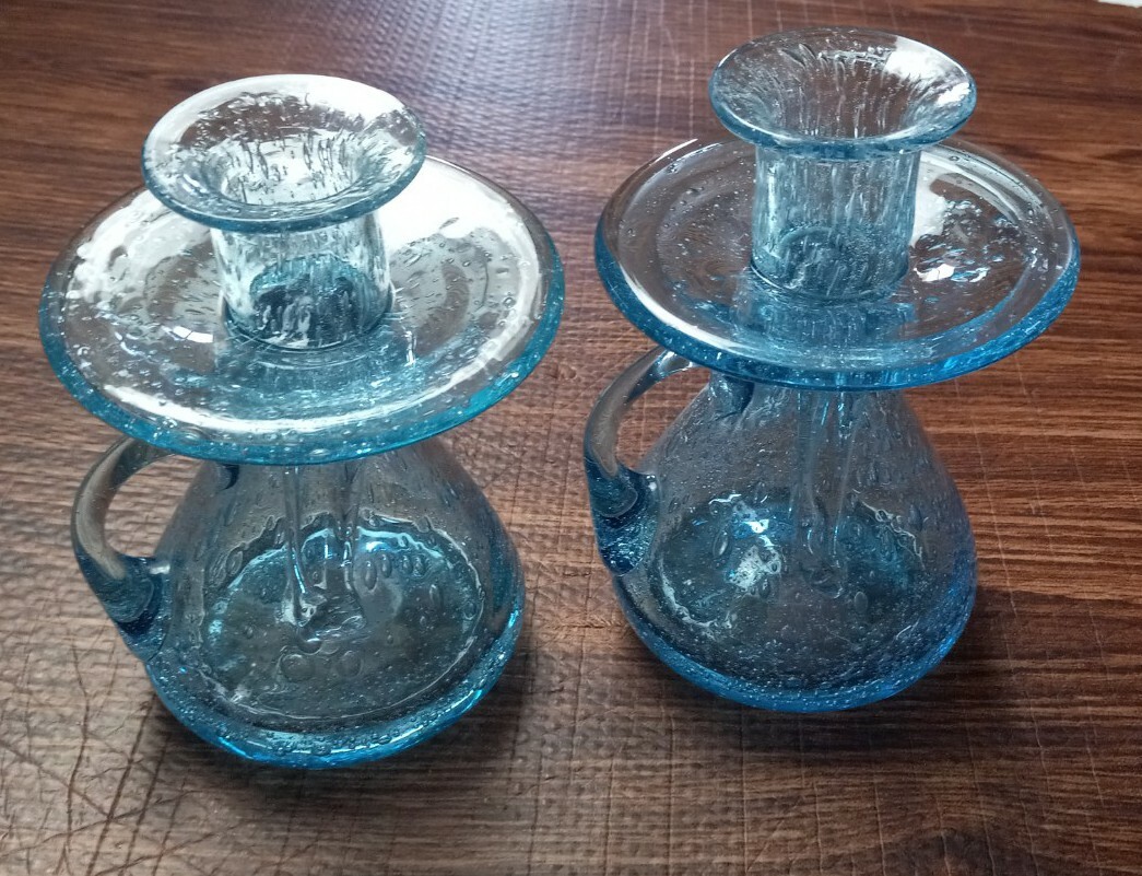 Hand Blown Blue Glass Set Of 2 Candle holders & Bowl