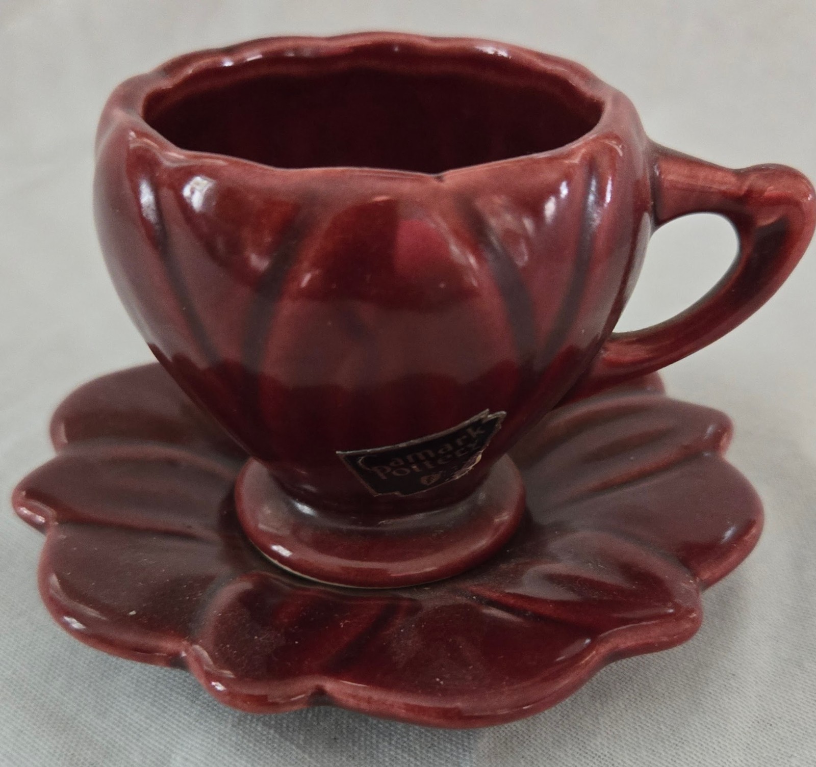 Vintage Camark Lotus Teacup Saucer Burgundy Oxblood Arkansas Pottery