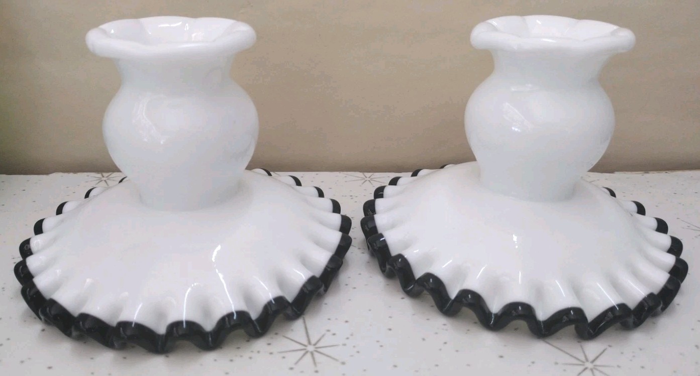 HTF Pair Fenton Ebony Black Crest On White Candle Holders Perfect