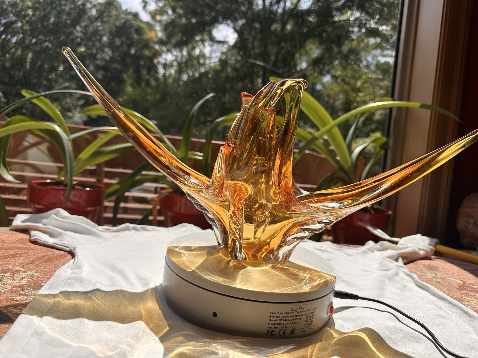 Chalet w lost stick on tag, Amber & Clear Art Glass Centerpiece, Glossy