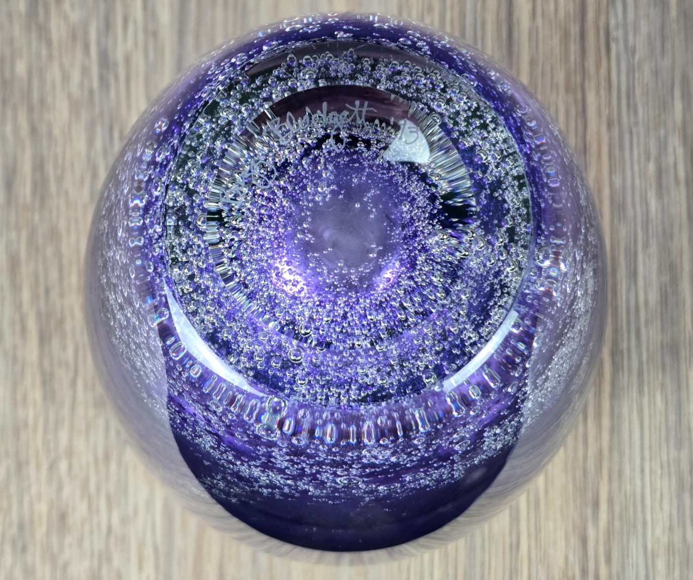 Buzz Blodgett Amethyst Purple clear bubble art glass vase, 8.5″, signed 1993