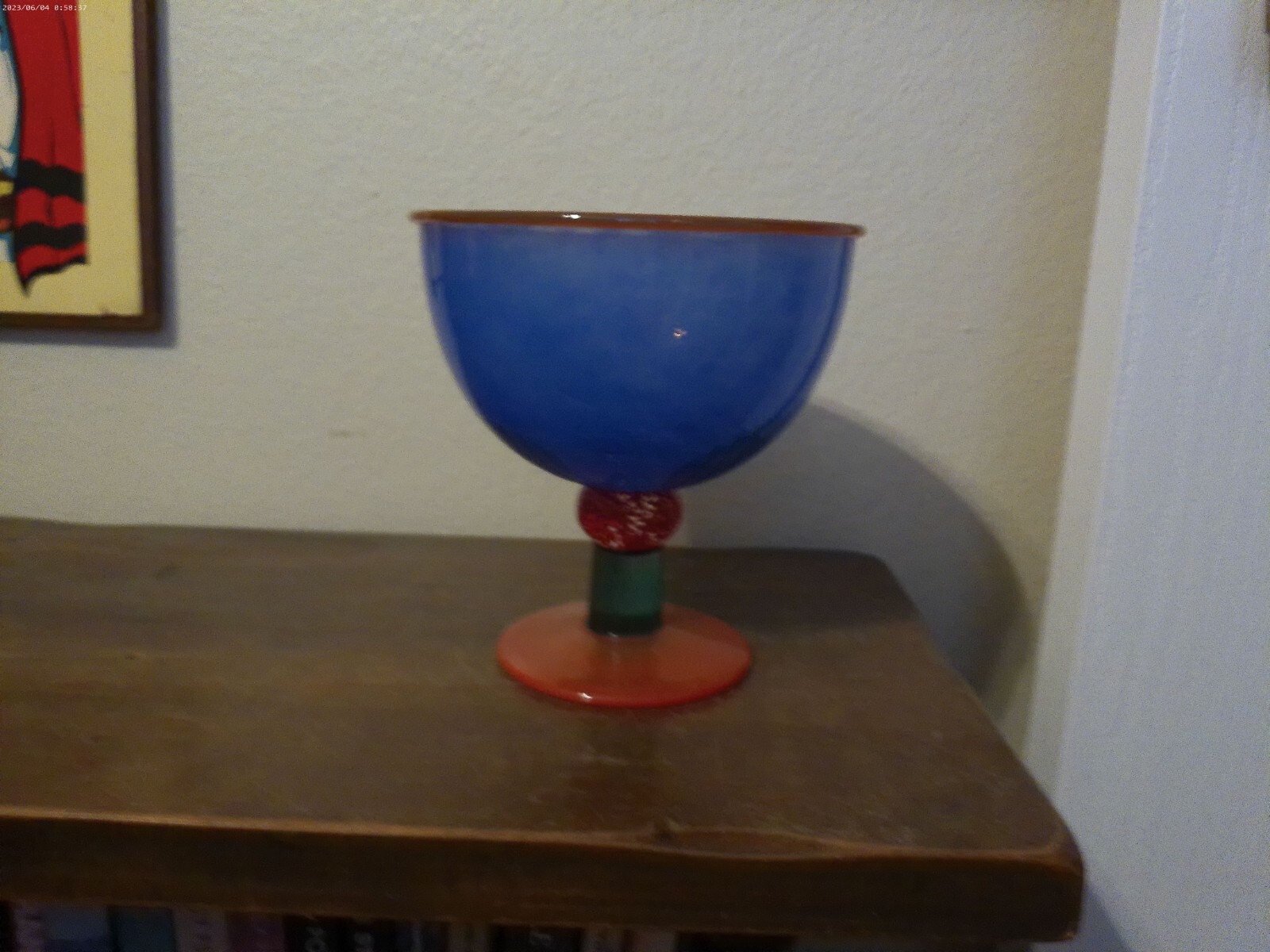 Signed Transjo SC JR 7 5/8” Blue Red Green Pedestal Compote Goblet Vase
