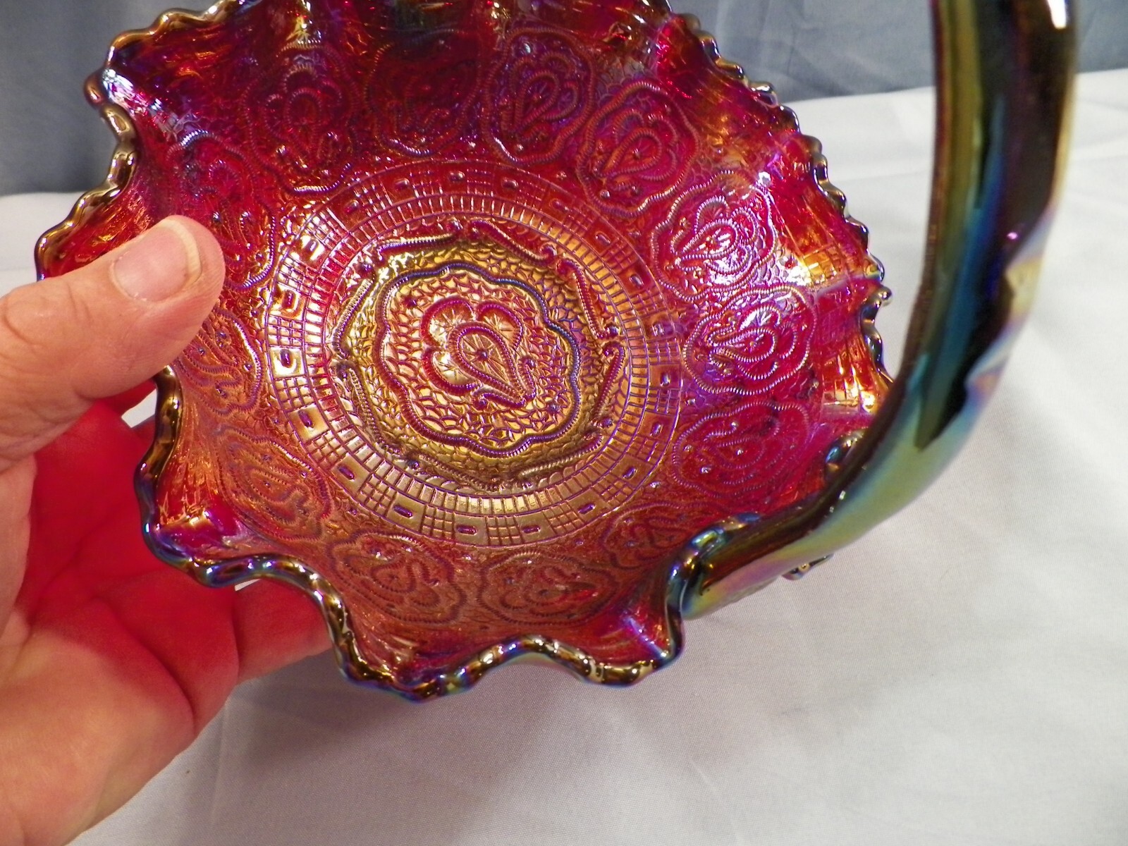 Fenton Red Carnival Glass Persian Medallion Basket 7 1/4″ Tall