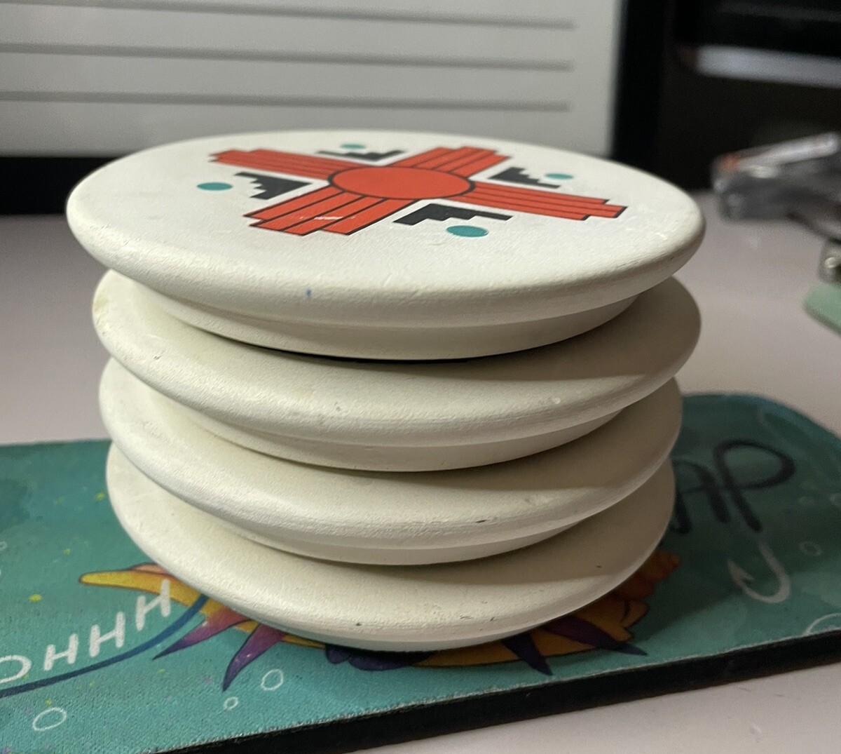 VTG Southwestern Tribal Pottery Coaster Set of 4 White, Orange, Turquoise, Rare