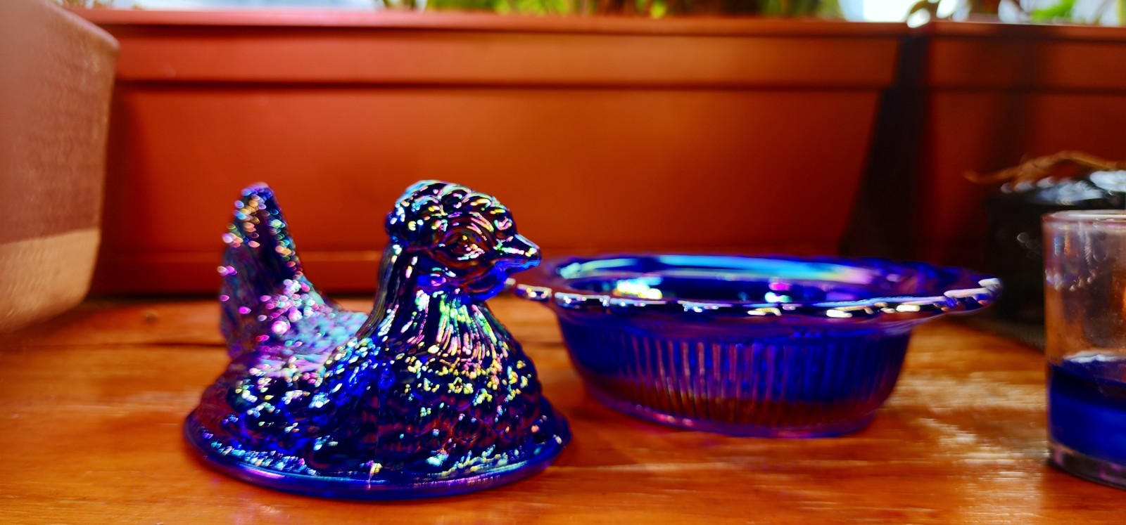 Cobalt Blue Carnival 6″ Mosser Glass Hen Jumbo Chicken Covered on Wide Rim Base