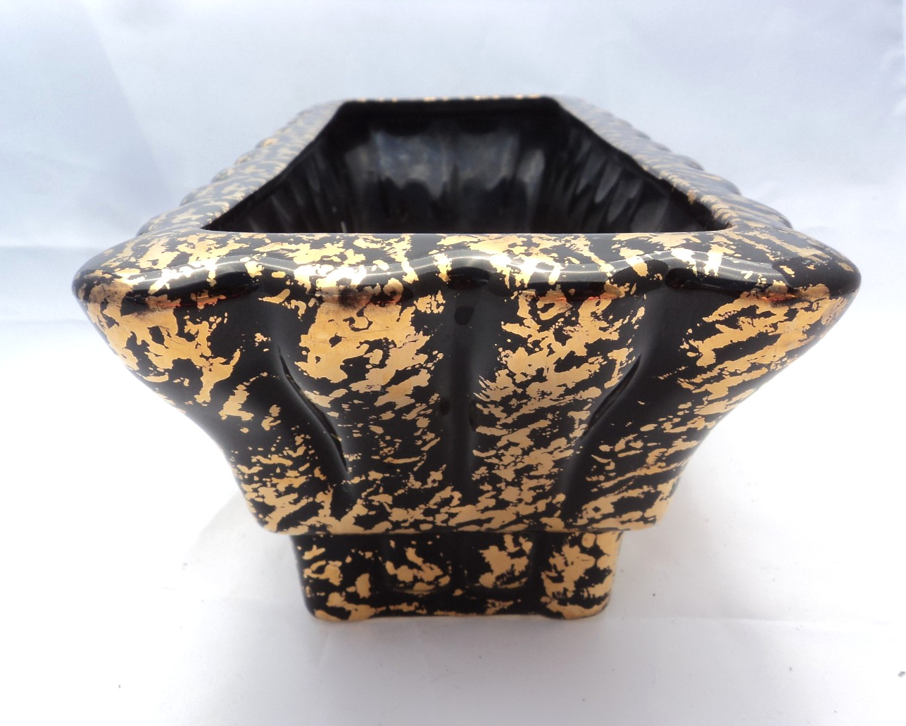 Vintage MCM Stanford Sebring Black and Gold Art Pottery Console Planter