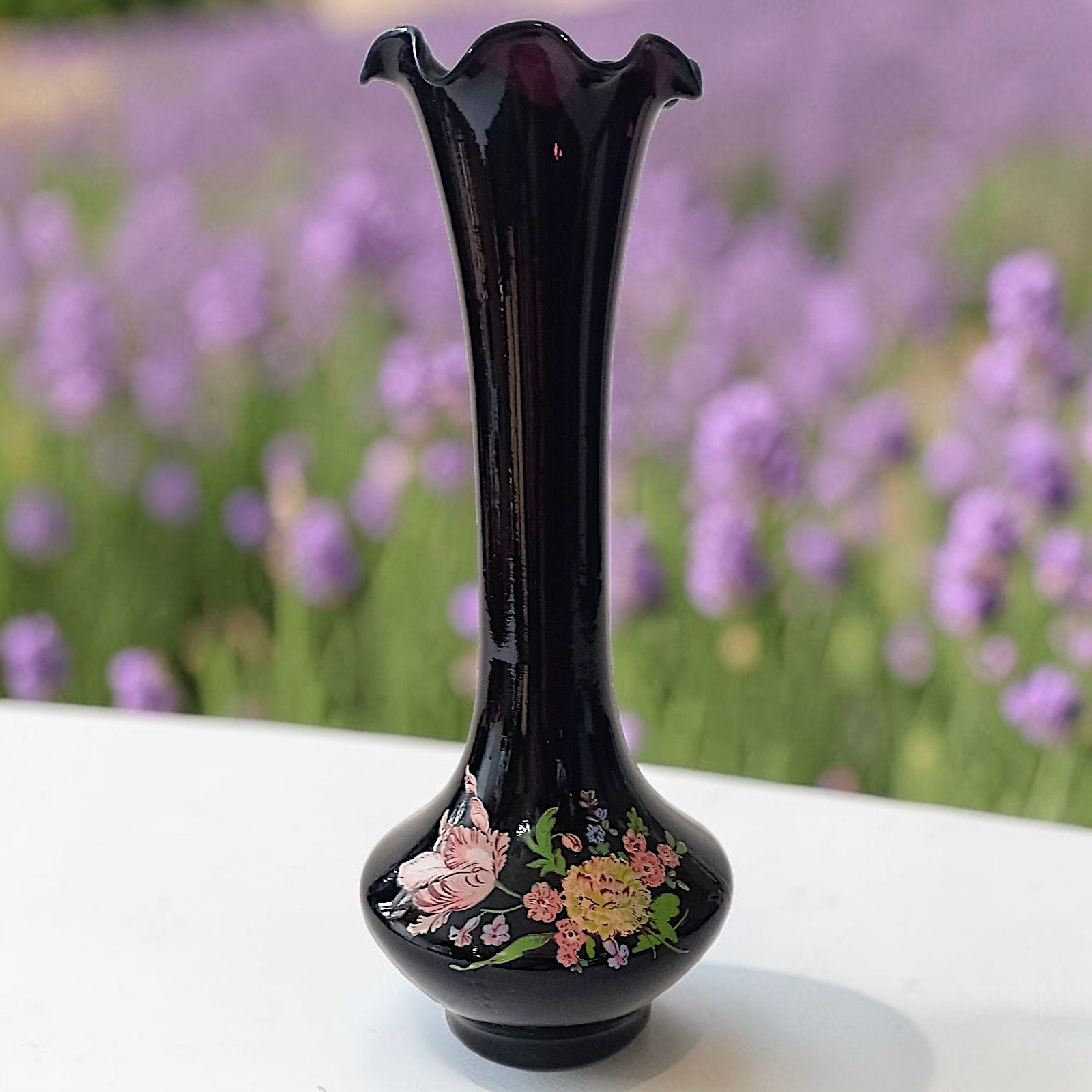 Vintage Floral Black Amethyst Floral Bud Vase Ruffled Fluted Top Edge Victorian