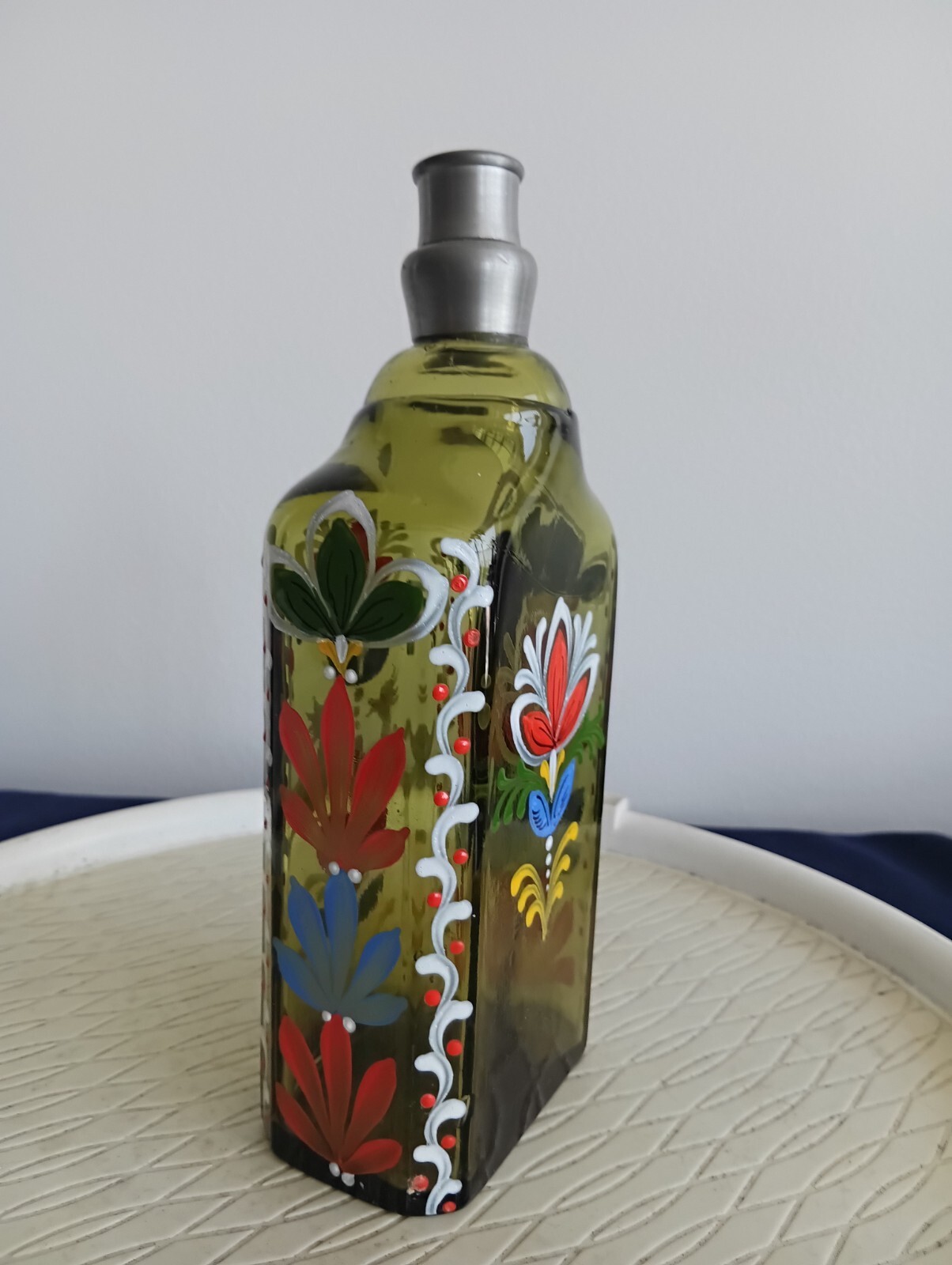 Vintage Blown Green Glass Reproduction Hand Painted Enamel Bottle w/ Pewter Top