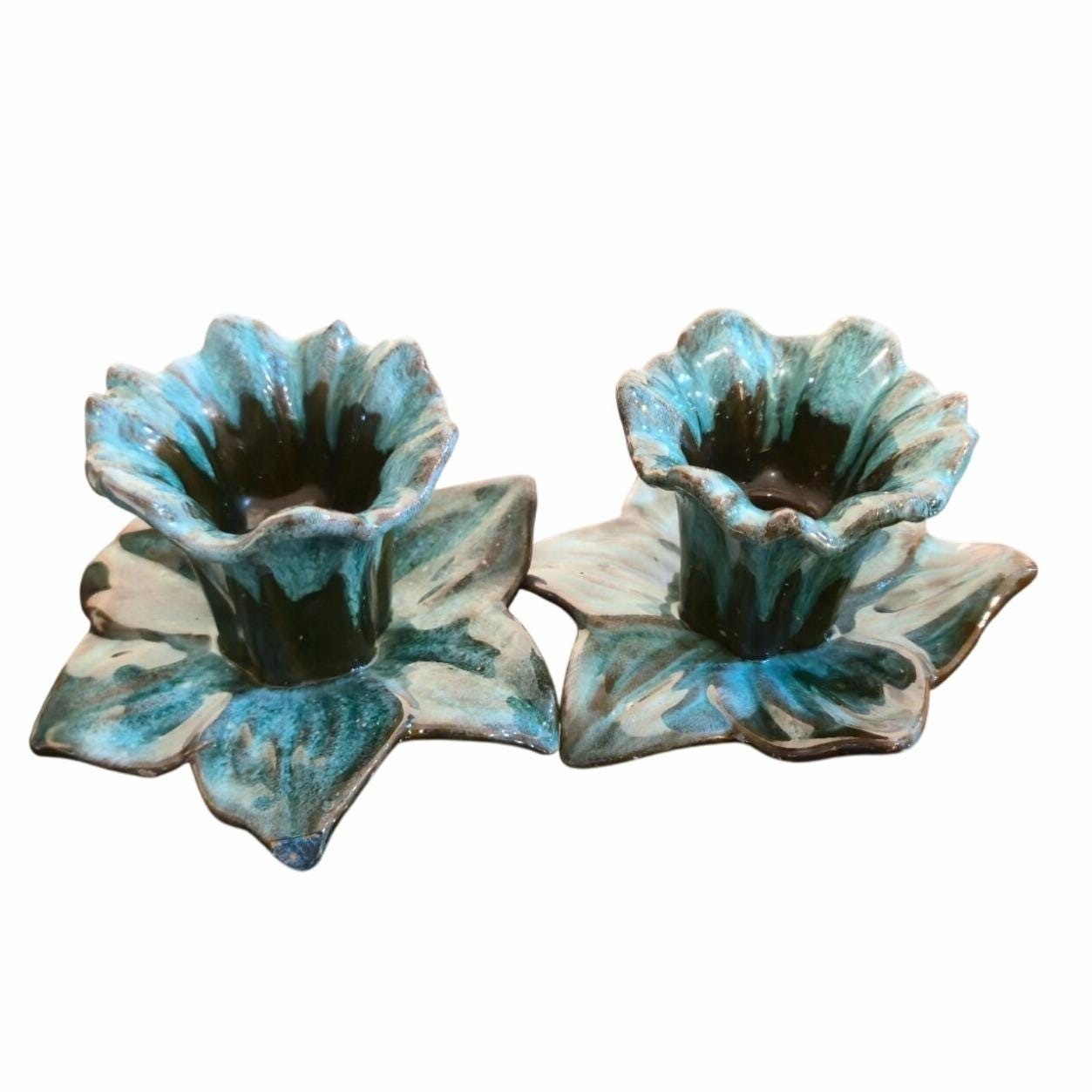 Vintage Pottery Candlestick Holders Daffodil Black turquoise Drip Glaze set of 2