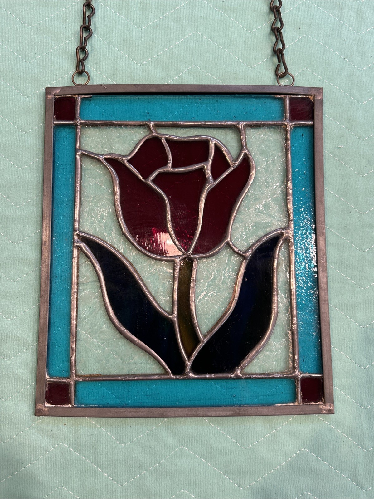 Vintage Red Rose w/ Blue & Textured Clear Stained Glass Window Hanging Chains