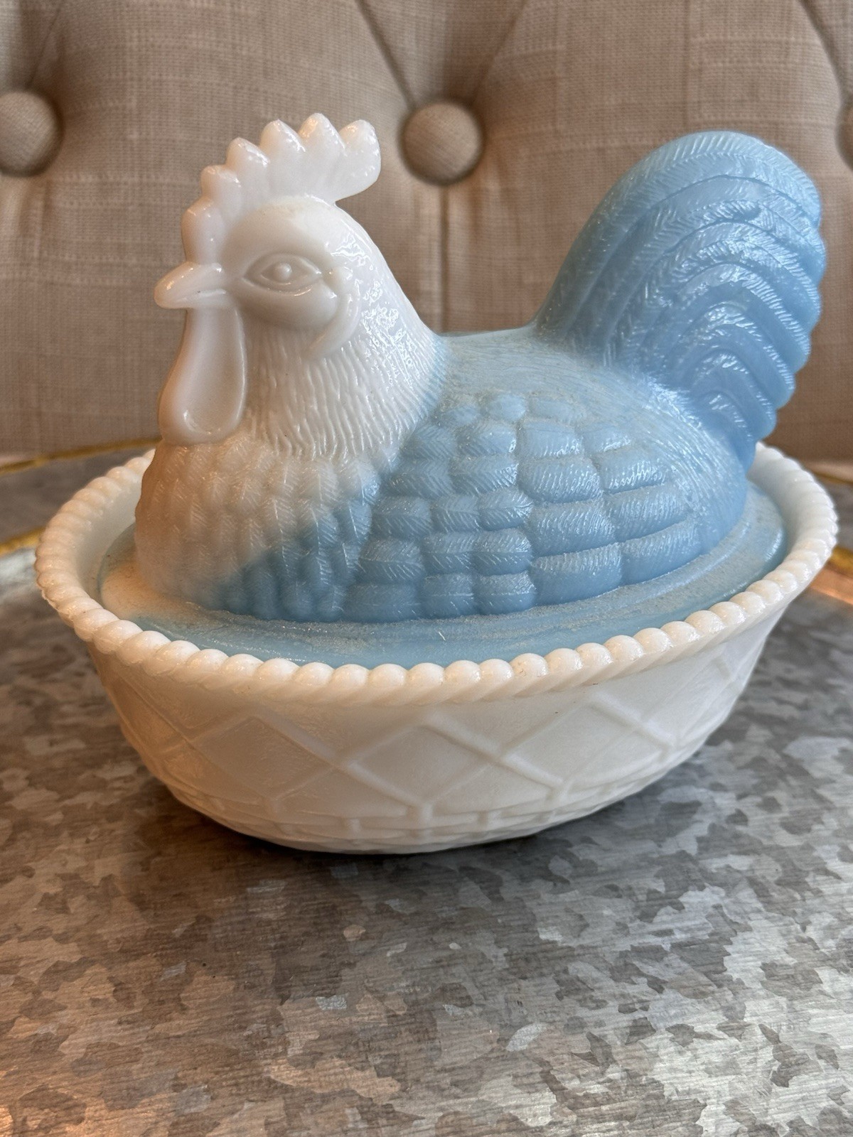Vintage Westmoreland Blue And White Slag Hen on Nest