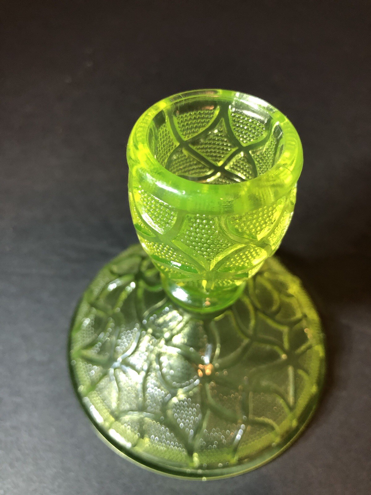 Imperial Glass Yellow Vaseline Uranium Tree of Life 3 3/8”Candle Holder Vintage