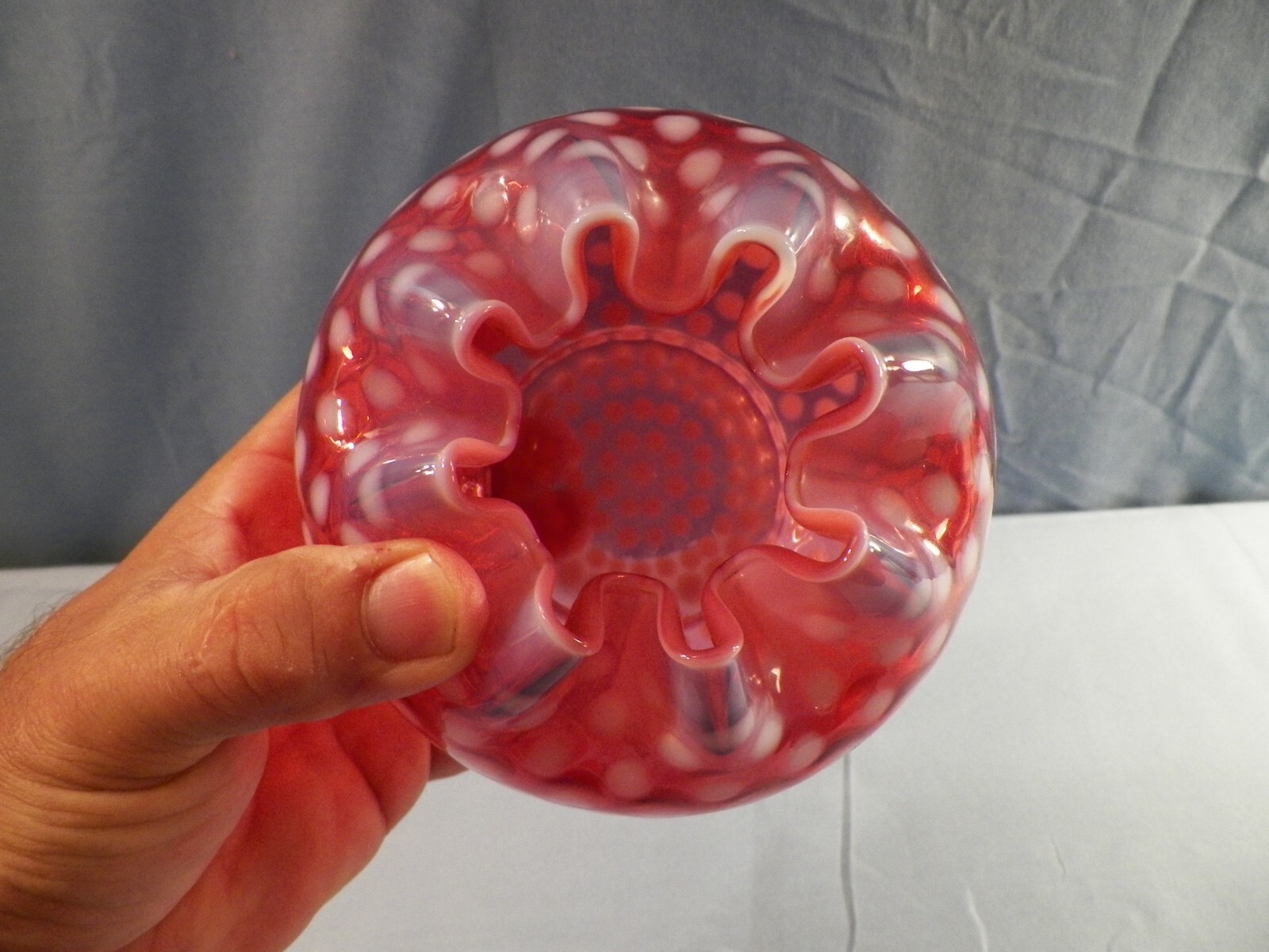 Vintage Fenton Cranberry Opalescent Glass POLKA DOT Large Rose Bowl Vase