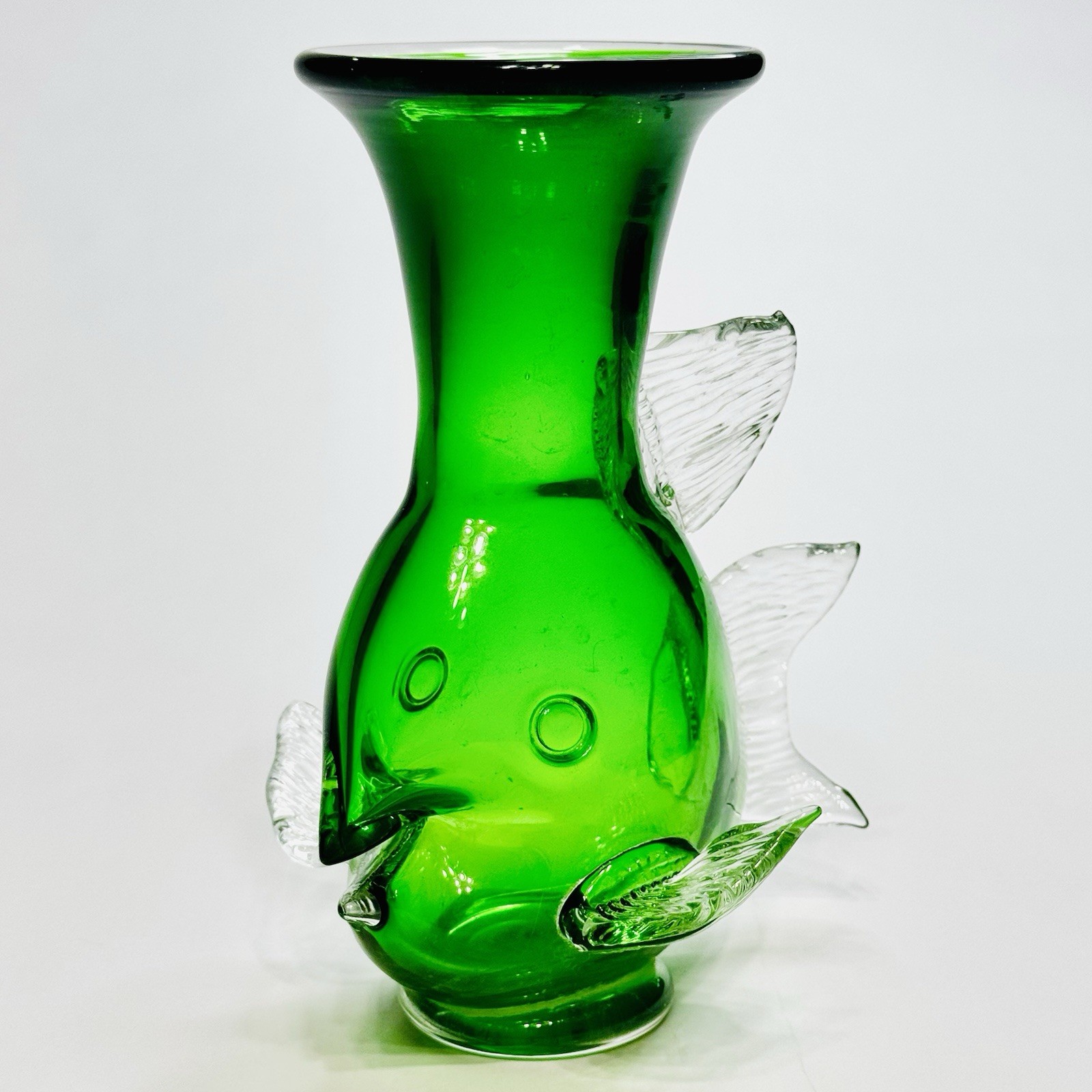 Vintage Signed Art Glass Fish Vase Emerald Green Blown MCM Style Applied Fins
