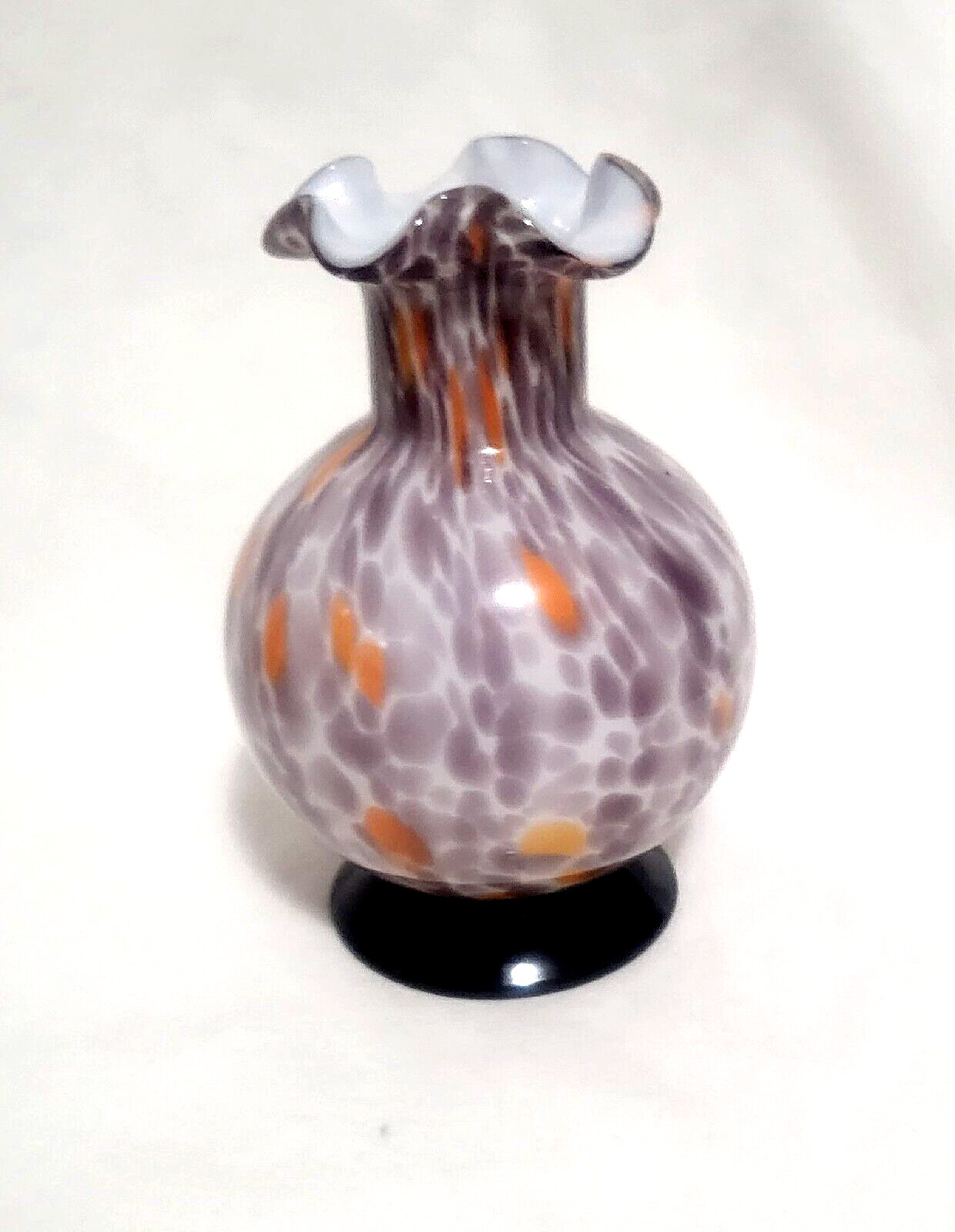 Art Glass Vase Sasaki Japan Purple Orange Splash Coloring/attached Black Base