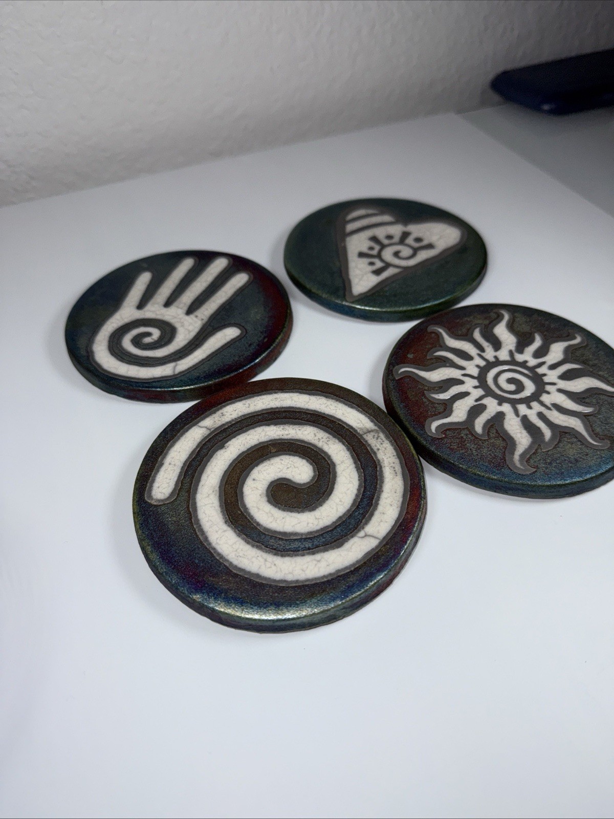 Raku Pottery Medallion Coasters Healing Hand, Labyrinth Sun Heart 4” J. Diller
